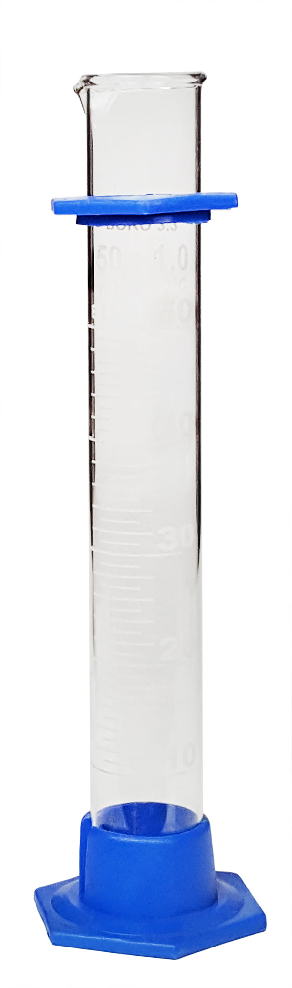 Cylinder 50ml Borosilicate Glass with plastic base and bumper guard.