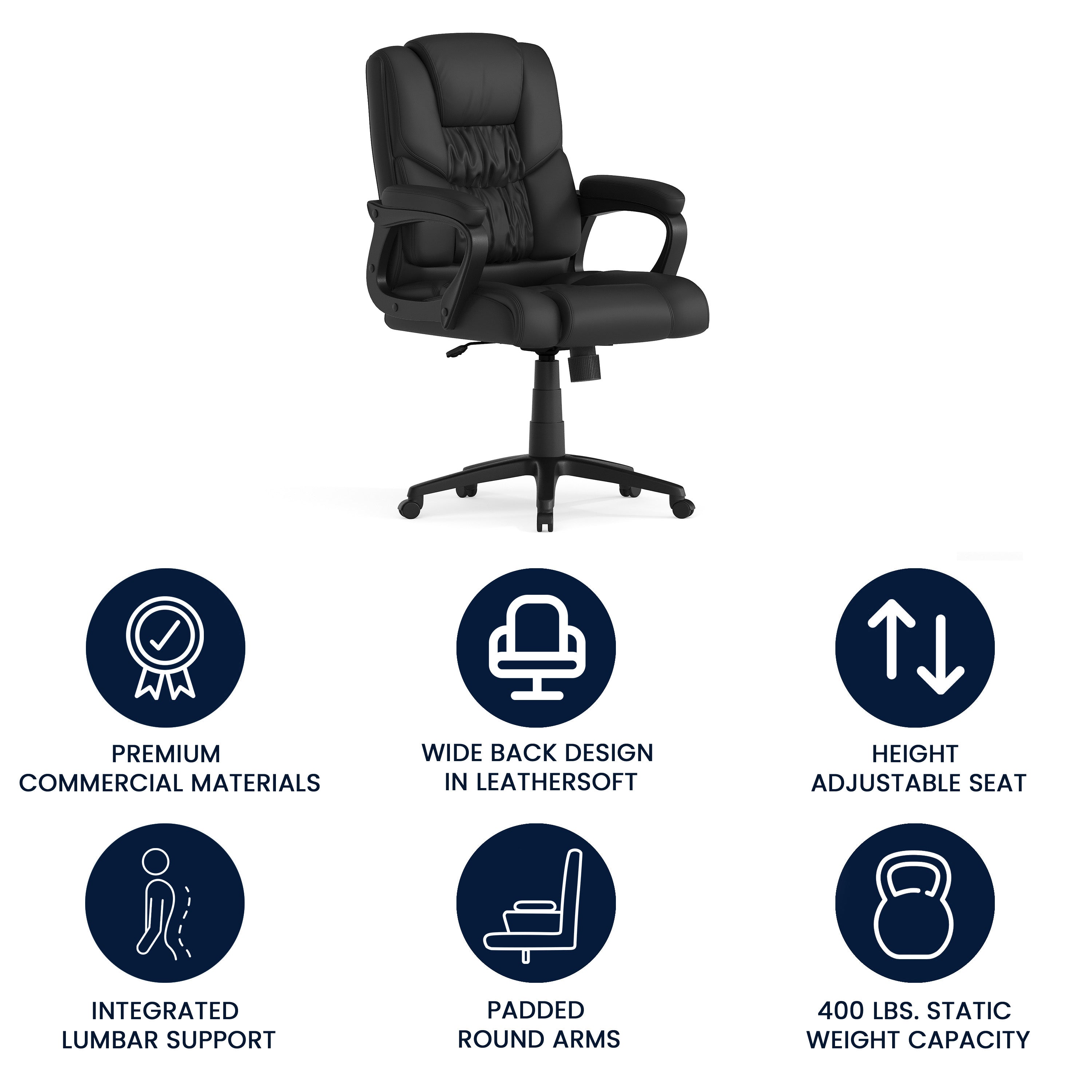 Flash Fundamentals Big & Tall 400 lb. Rated Black LeatherSoft Swivel Office Chair with Padded Arms