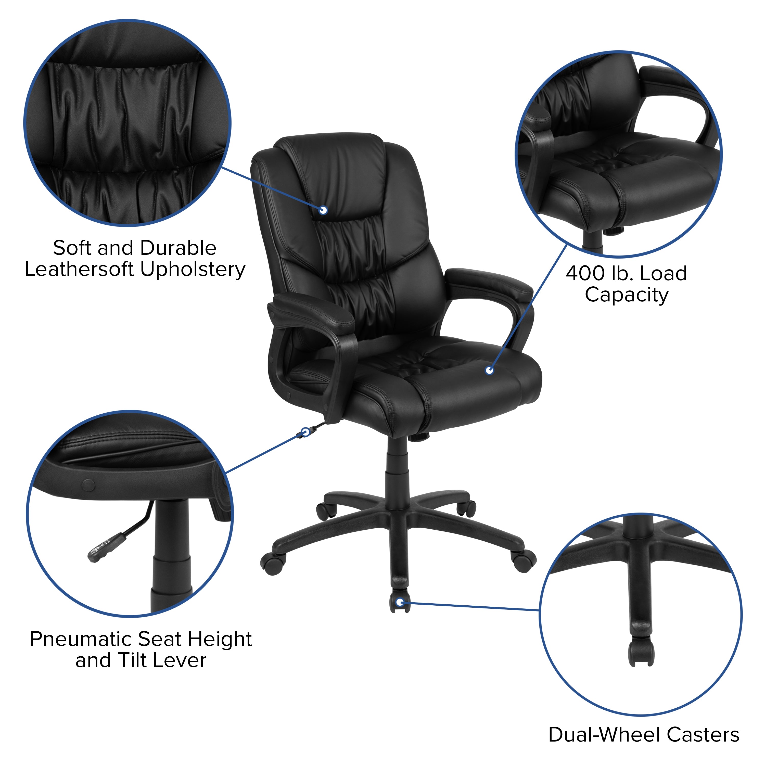 Flash Fundamentals Big & Tall 400 lb. Rated Black LeatherSoft Swivel Office Chair with Padded Arms