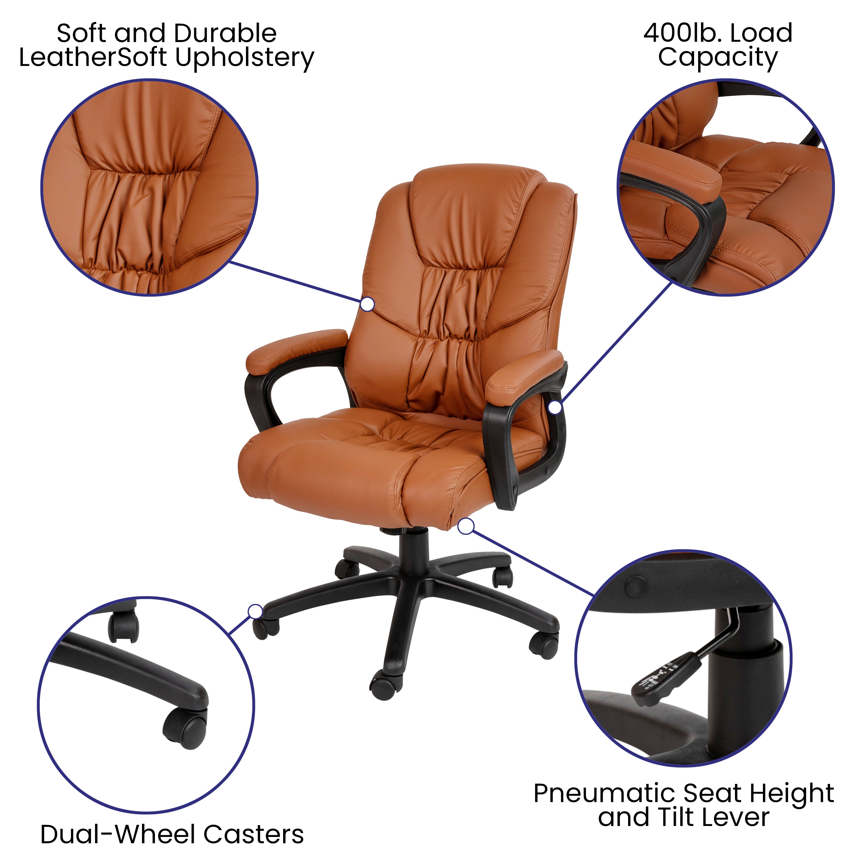 Flash Fundamentals Big & Tall 400 lb. Rated Brown LeatherSoft Swivel Office Chair with Padded Arms