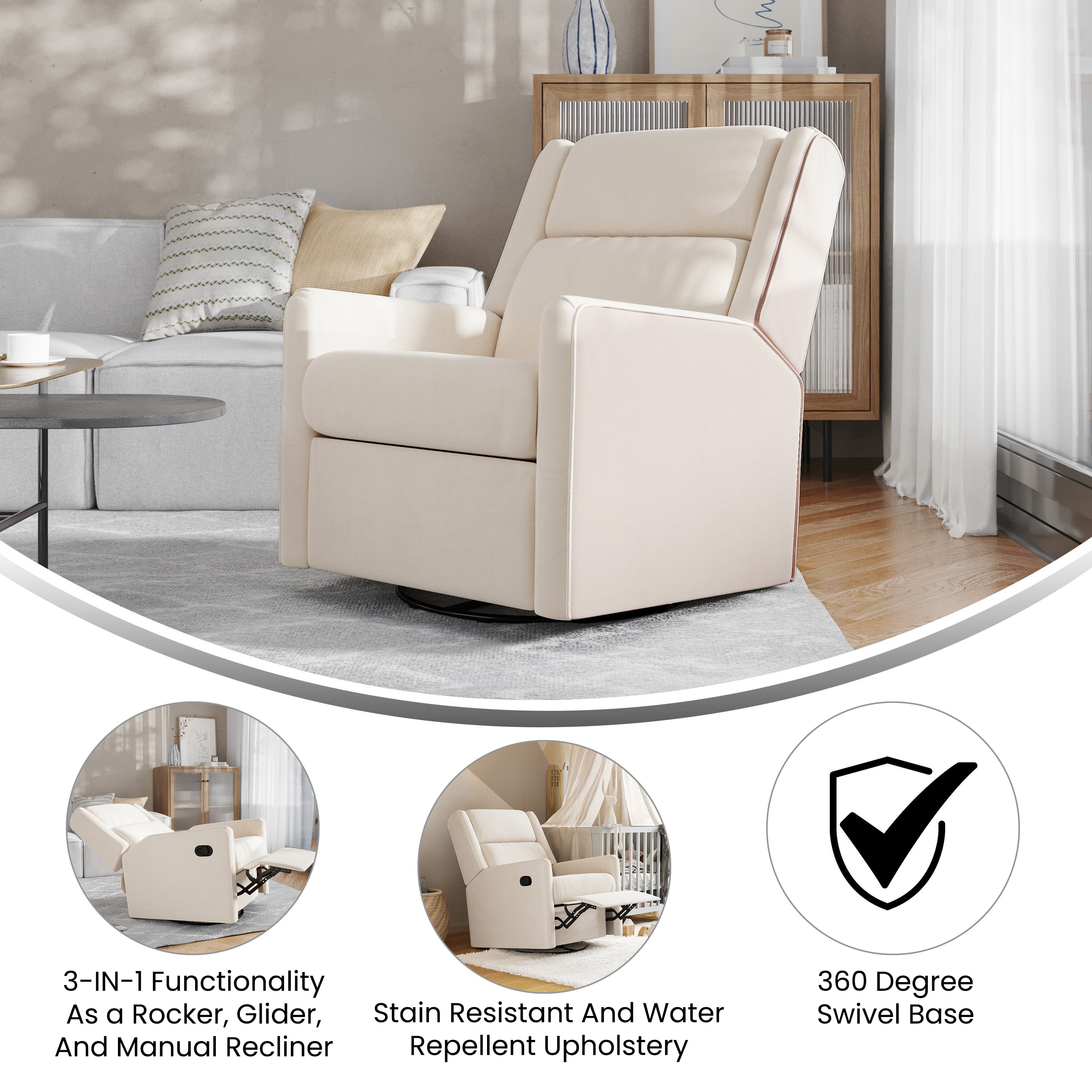 Cash Swivel Glider Rocker Recliner Chair, Manual 360 Degree Swivel Recliner Perfect for Living Room, Bedroom, or Nursery in Cream Upholstery