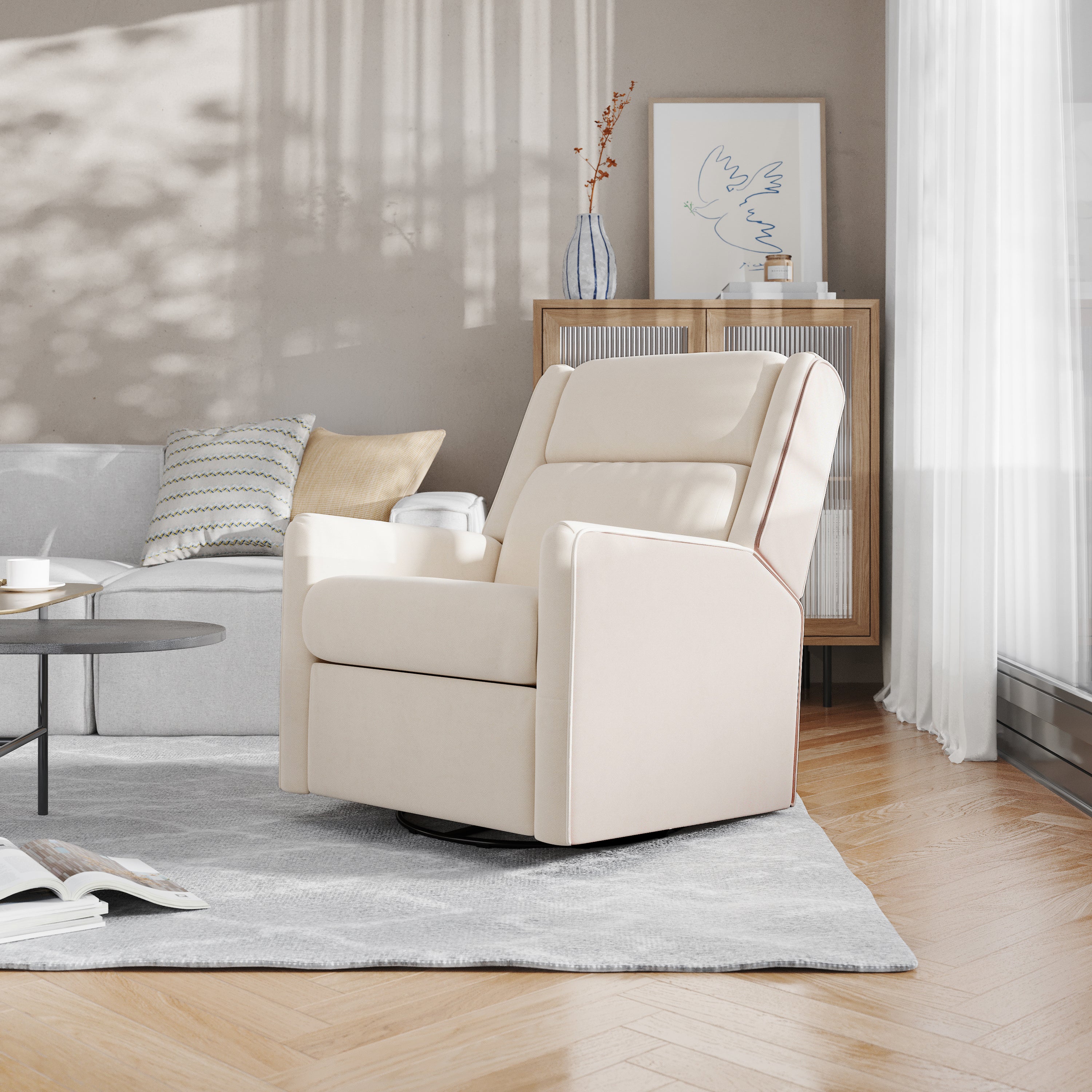 Cash Swivel Glider Rocker Recliner Chair, Manual 360 Degree Swivel Recliner Perfect for Living Room, Bedroom, or Nursery in Cream Upholstery