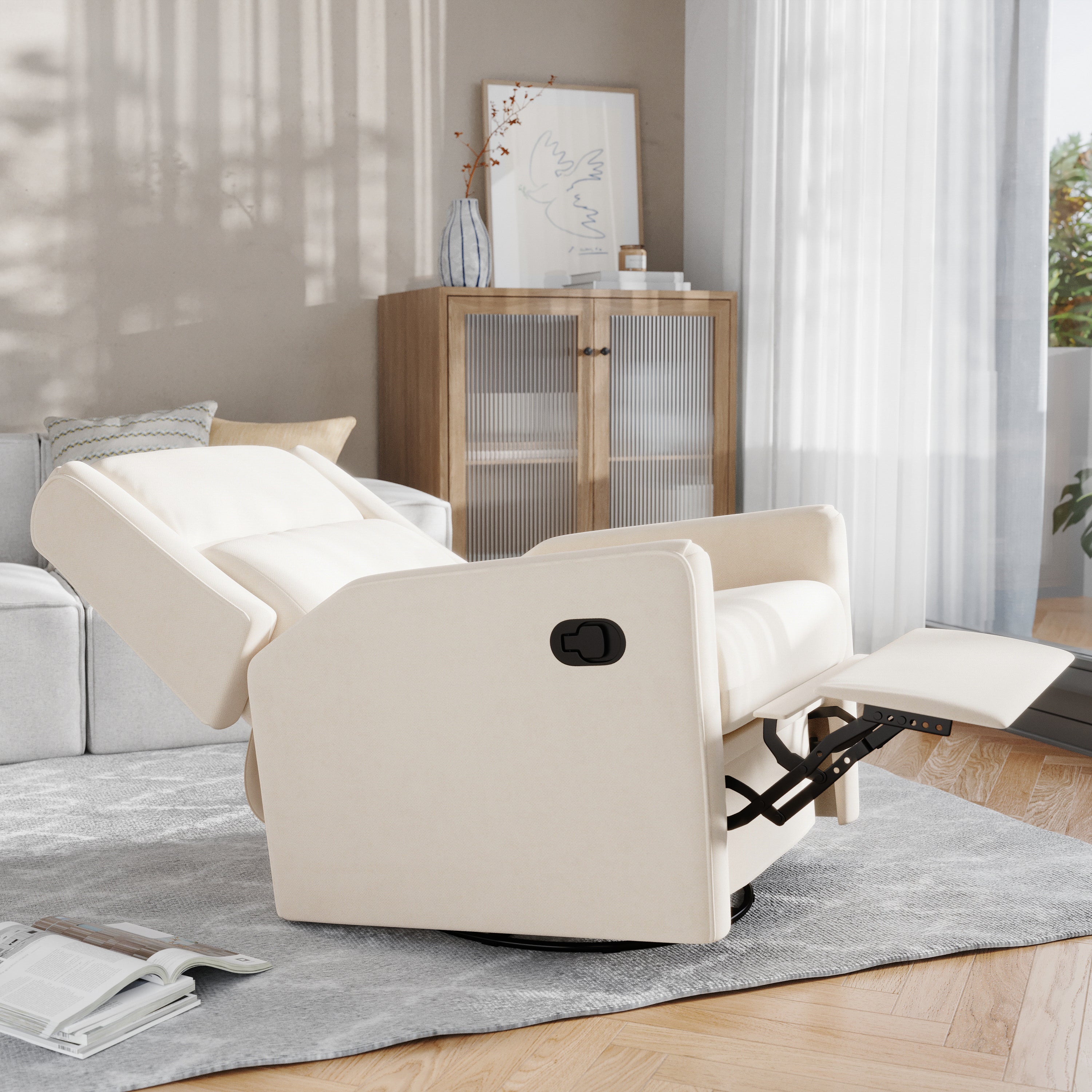 Cash Swivel Glider Rocker Recliner Chair, Manual 360 Degree Swivel Recliner Perfect for Living Room, Bedroom, or Nursery in Cream Upholstery