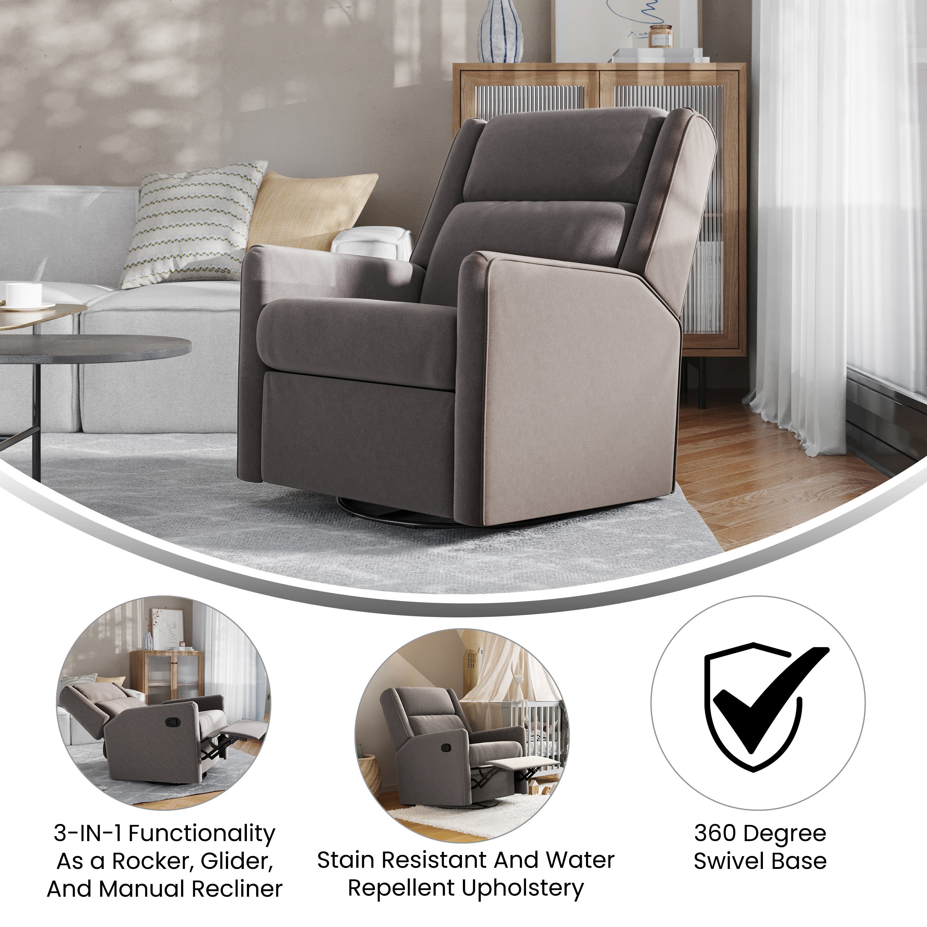 Cash Swivel Glider Rocker Recliner Chair, Manual 360 Degree Swivel Recliner Perfect for Living Room, Bedroom, or Nursery in Dark Gray Upholstery