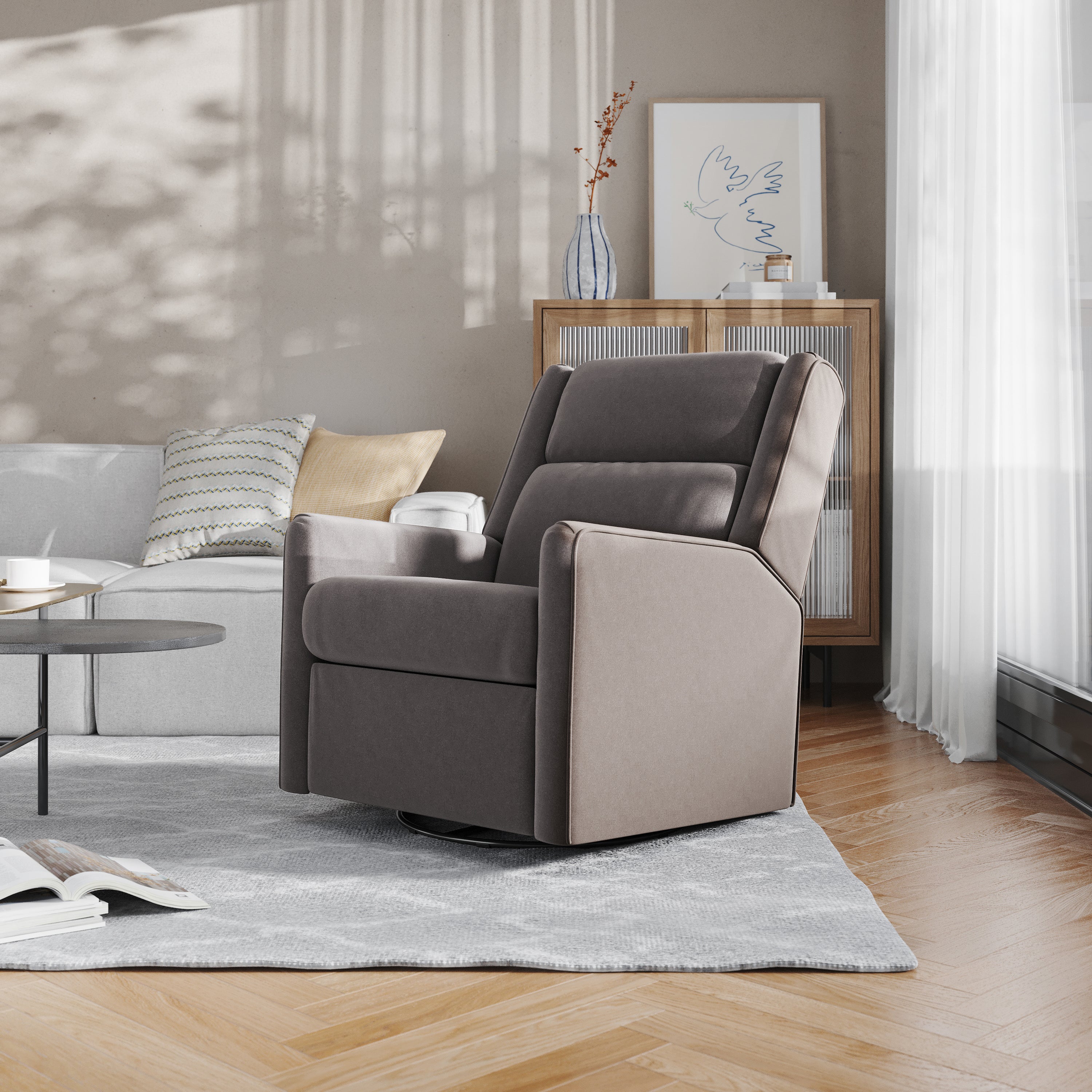 Cash Swivel Glider Rocker Recliner Chair, Manual 360 Degree Swivel Recliner Perfect for Living Room, Bedroom, or Nursery in Dark Gray Upholstery
