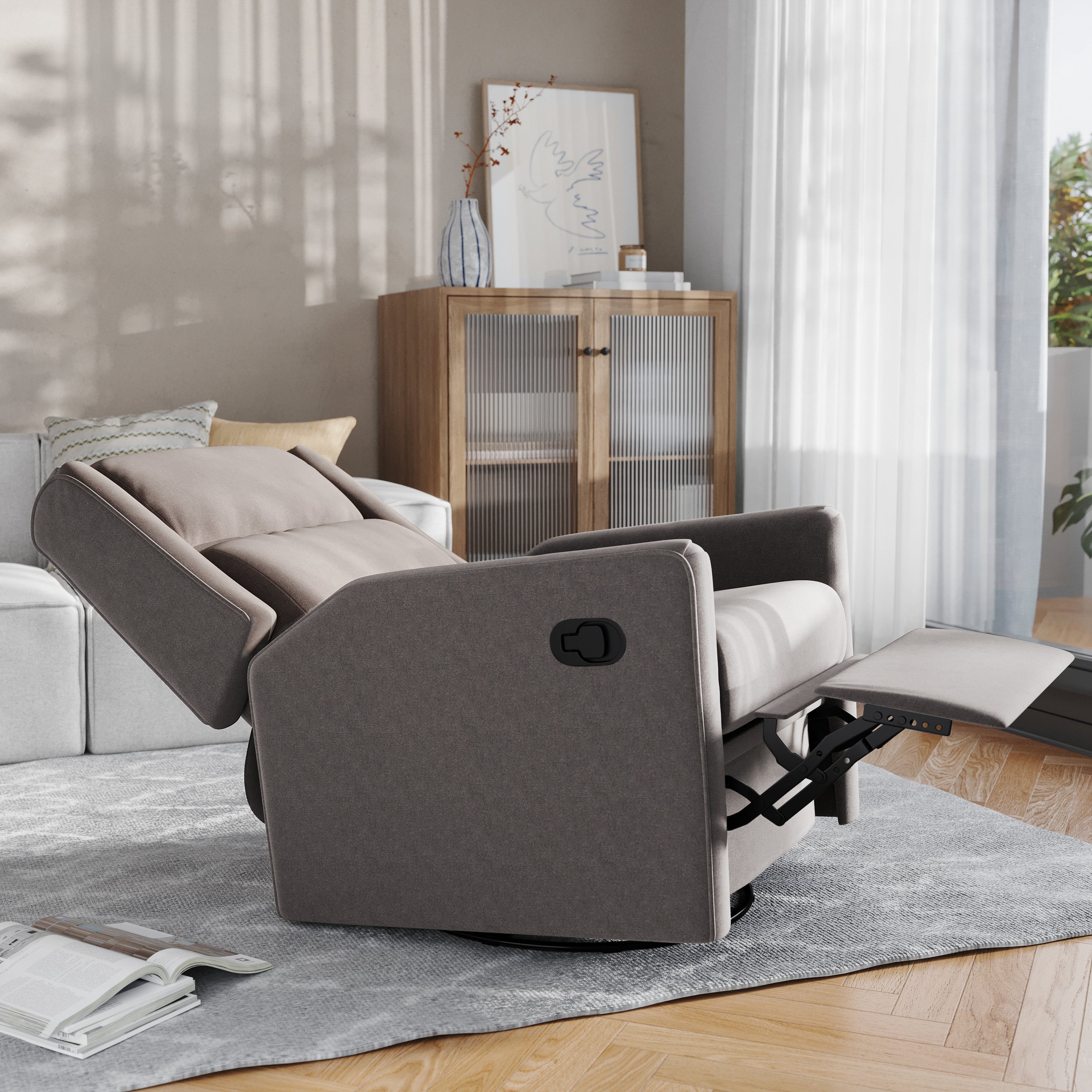 Cash Swivel Glider Rocker Recliner Chair, Manual 360 Degree Swivel Recliner Perfect for Living Room, Bedroom, or Nursery in Dark Gray Upholstery