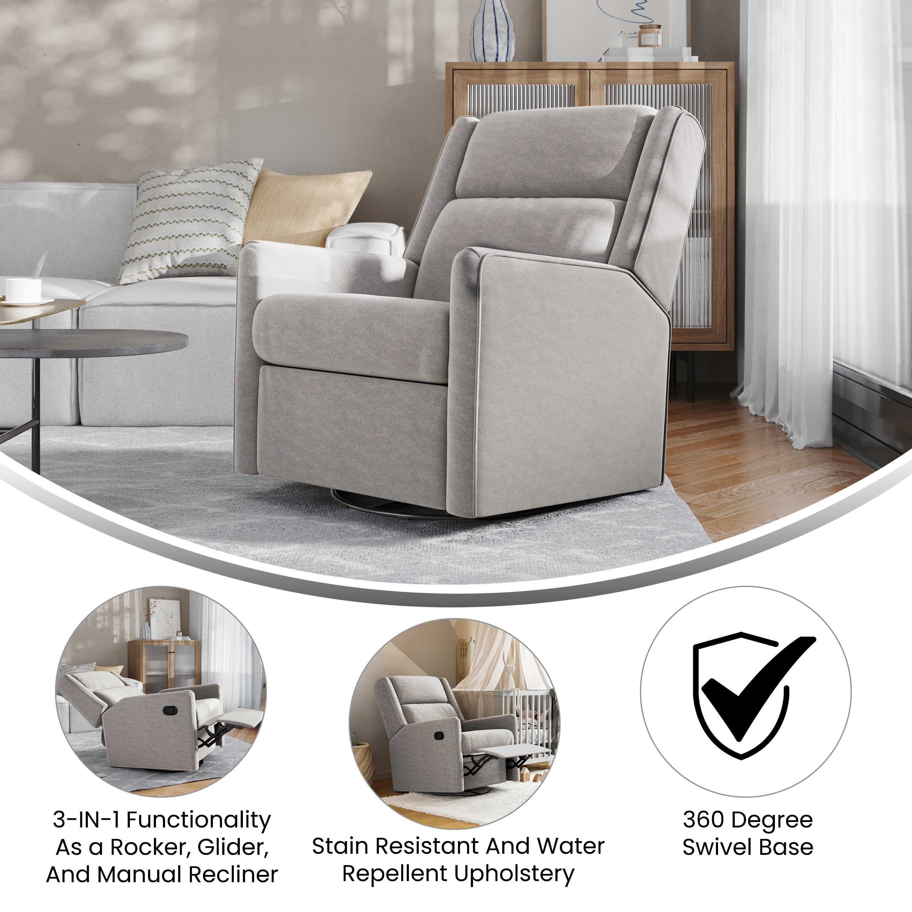 Cash Swivel Glider Rocker Recliner Chair, Manual 360 Degree Swivel Recliner Perfect for Living Room, Bedroom, or Nursery in Light Gray Upholstery