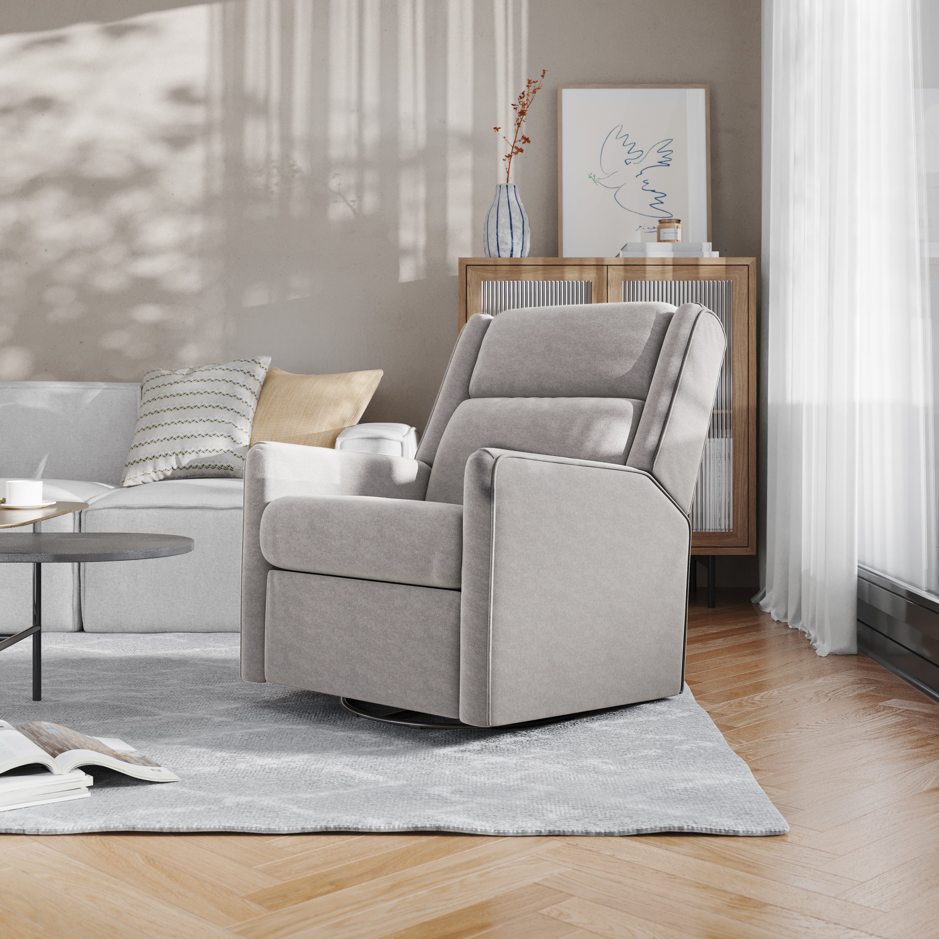 Cash Swivel Glider Rocker Recliner Chair, Manual 360 Degree Swivel Recliner Perfect for Living Room, Bedroom, or Nursery in Light Gray Upholstery