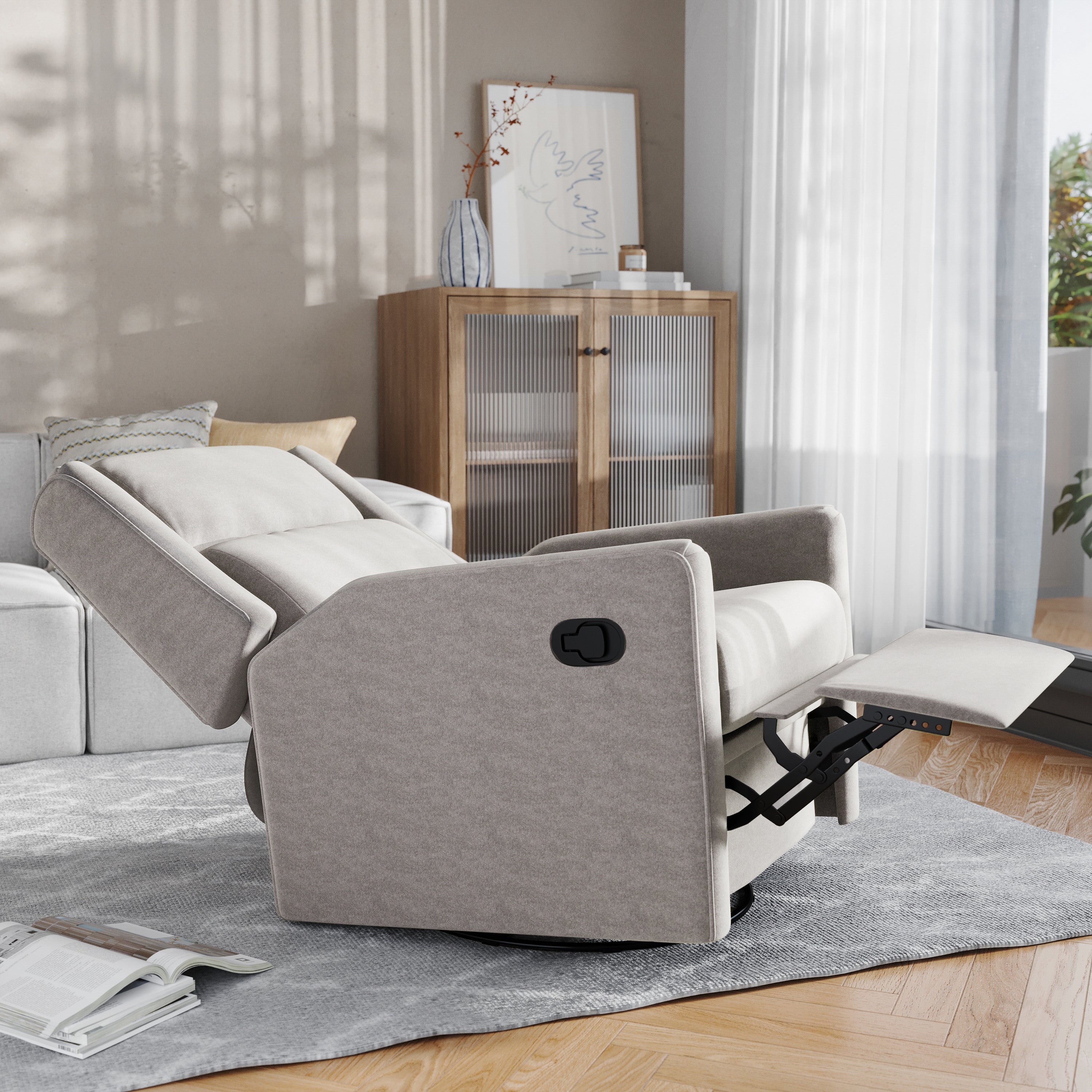 Cash Swivel Glider Rocker Recliner Chair, Manual 360 Degree Swivel Recliner Perfect for Living Room, Bedroom, or Nursery in Light Gray Upholstery