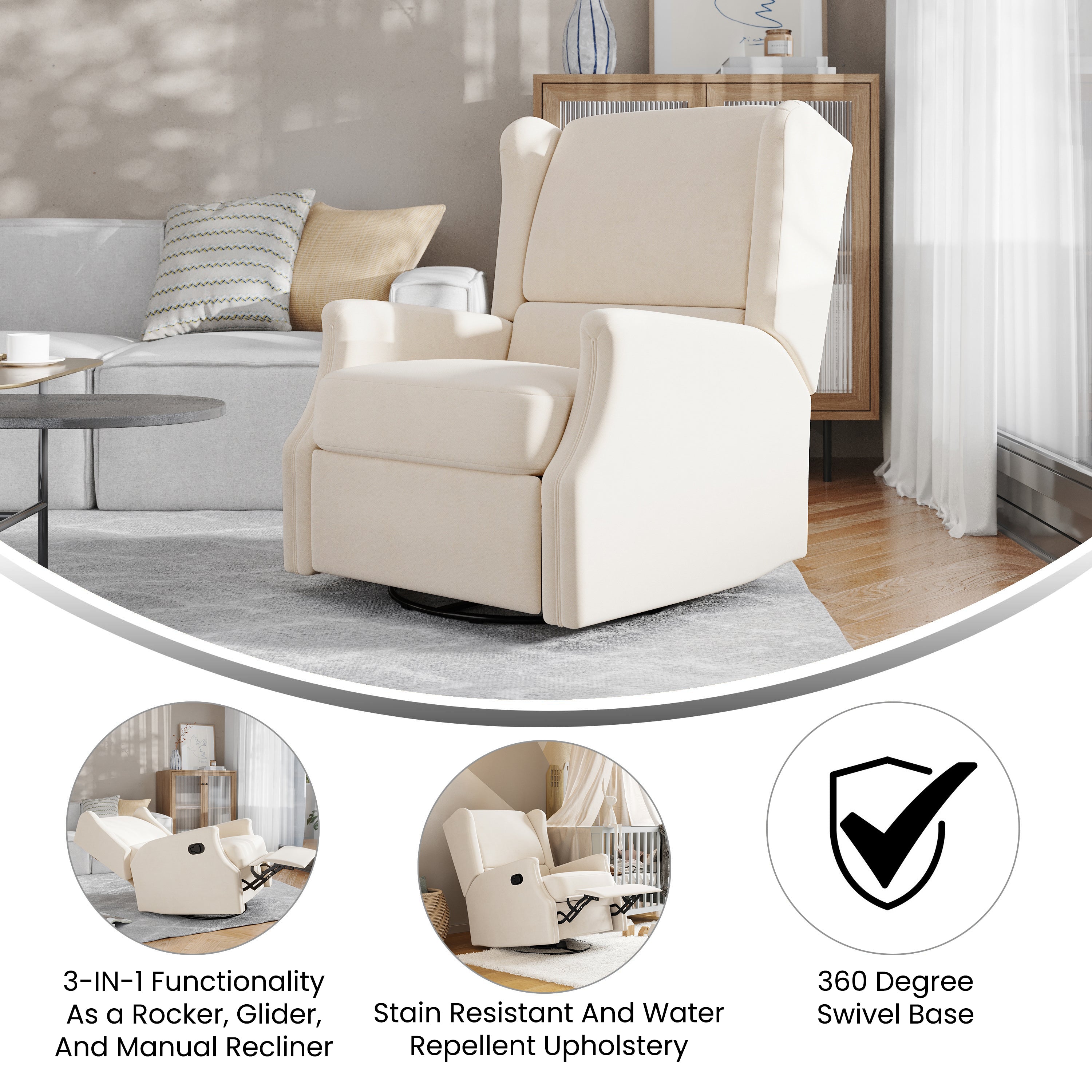 Omma Swivel Glider Rocker Recliner Chair, Manual 360 Degree Swivel Wingback Recliner Perfect for Living Room, Bedroom, or Nursery in Cream