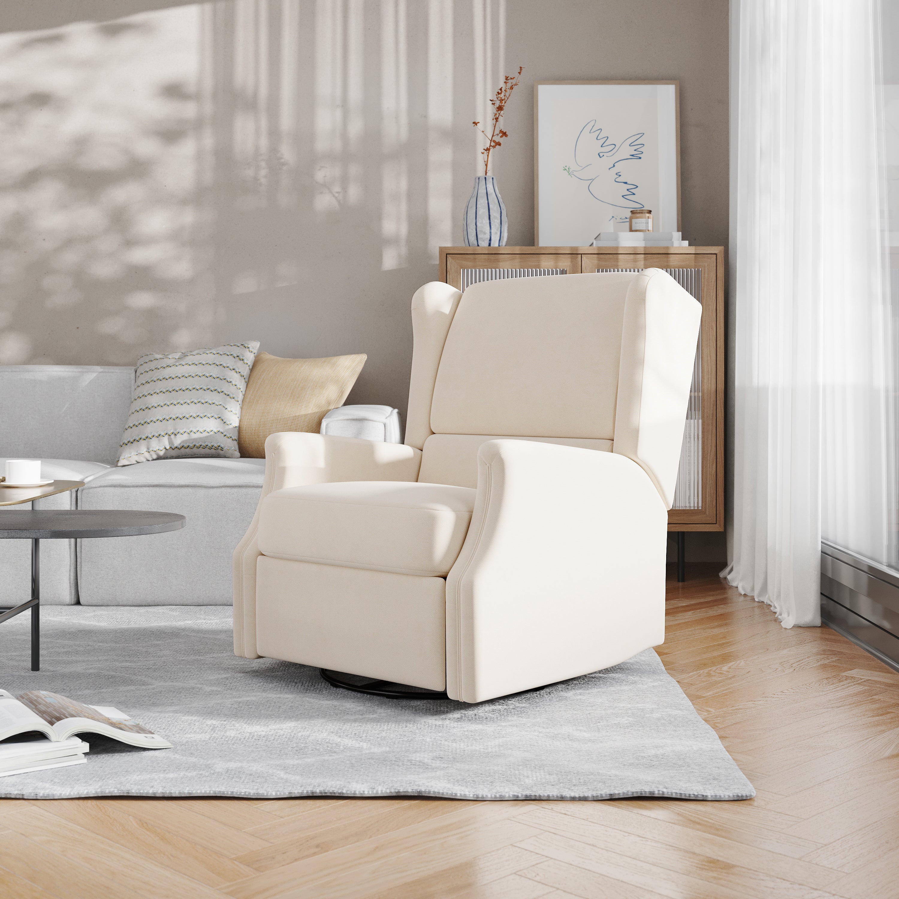 Omma Swivel Glider Rocker Recliner Chair, Manual 360 Degree Swivel Wingback Recliner Perfect for Living Room, Bedroom, or Nursery in Cream