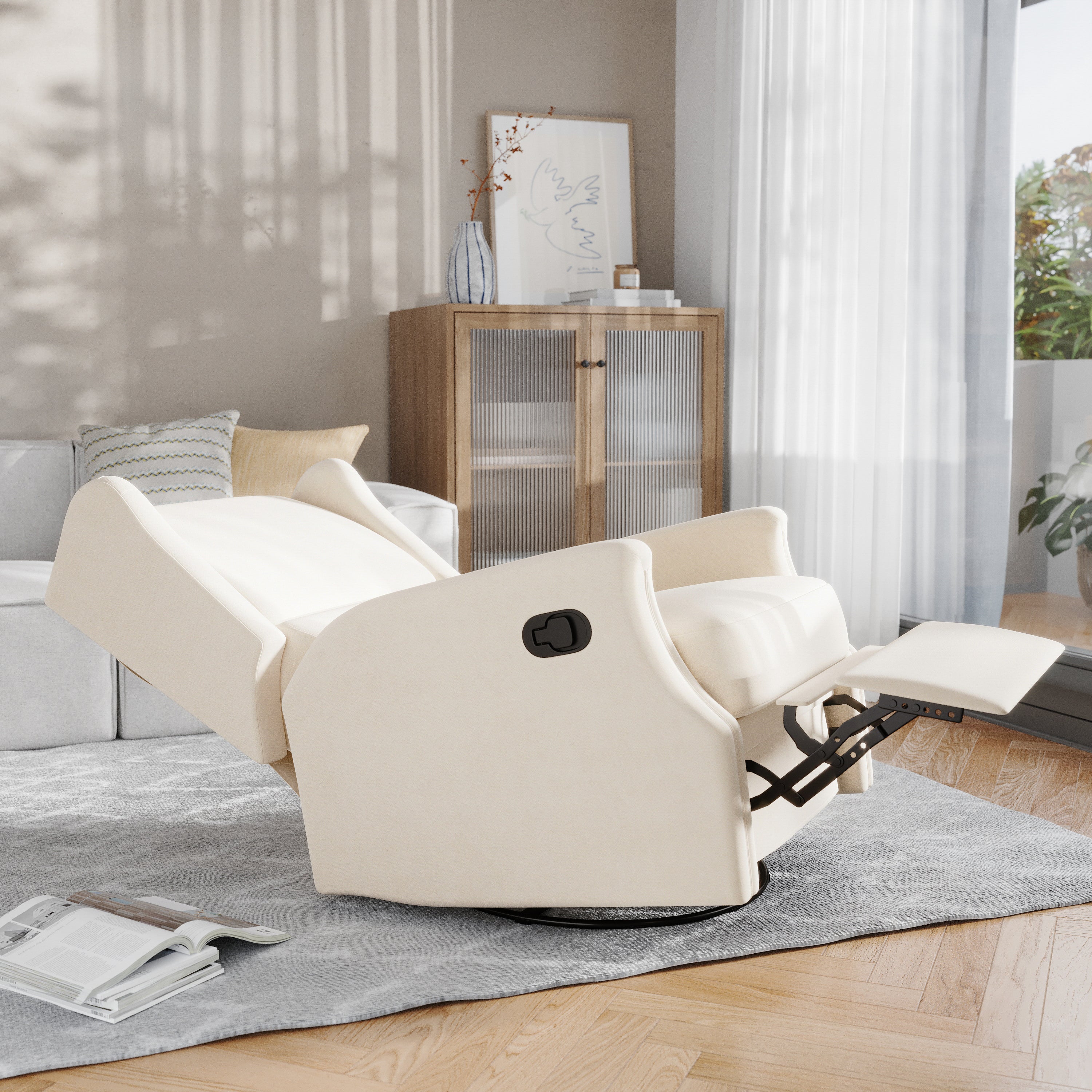 Omma Swivel Glider Rocker Recliner Chair, Manual 360 Degree Swivel Wingback Recliner Perfect for Living Room, Bedroom, or Nursery in Cream