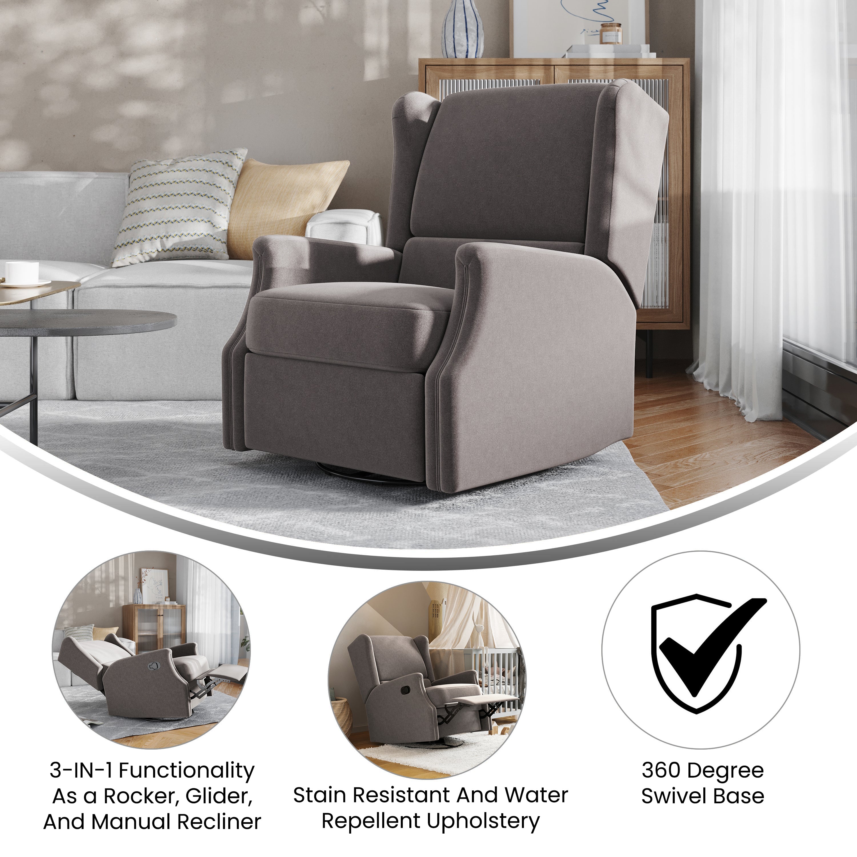 Omma Swivel Glider Rocker Recliner Chair, Manual 360 Degree Swivel Wingback Recliner Perfect for Living Room, Bedroom, or Nursery in Dark Gray