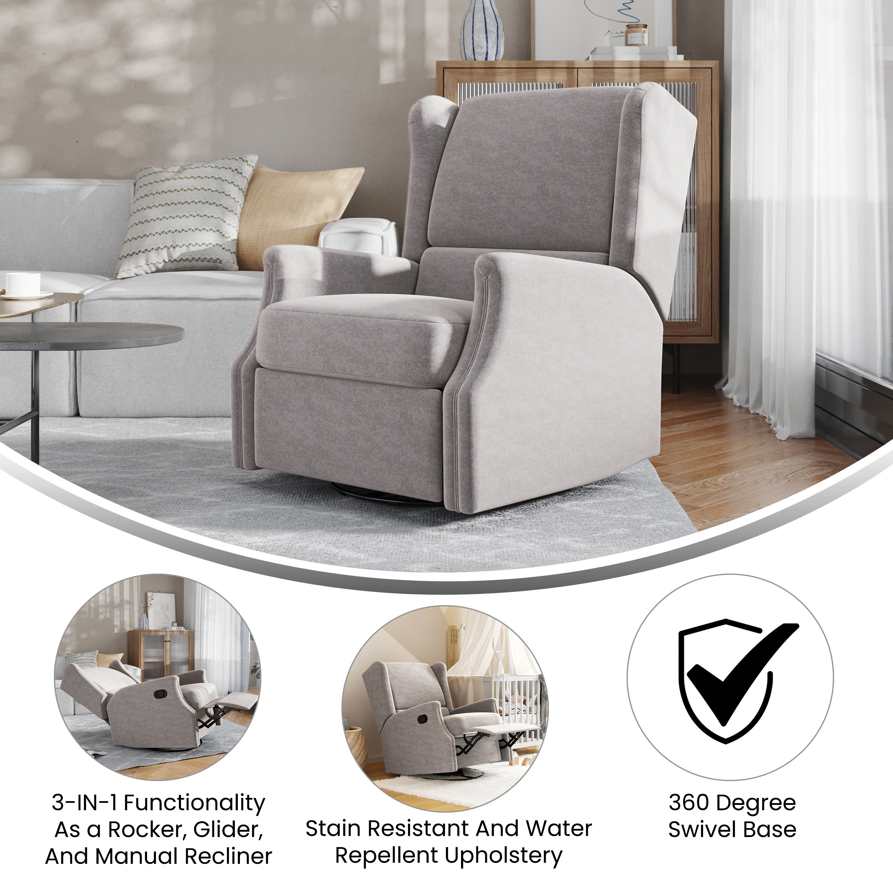 Omma Swivel Glider Rocker Recliner Chair, Manual 360 Degree Swivel Wingback Recliner Perfect for Living Room, Bedroom, or Nursery in Light Gray