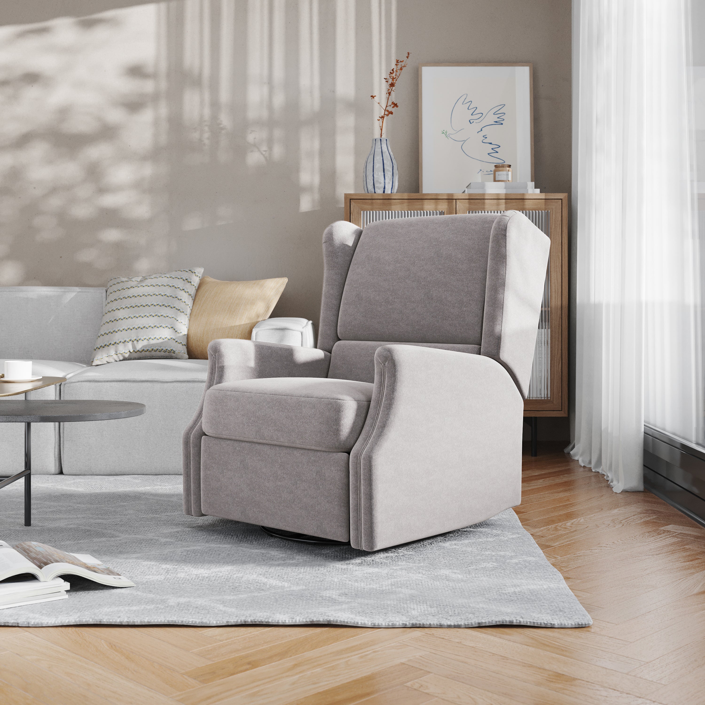 Omma Swivel Glider Rocker Recliner Chair, Manual 360 Degree Swivel Wingback Recliner Perfect for Living Room, Bedroom, or Nursery in Light Gray
