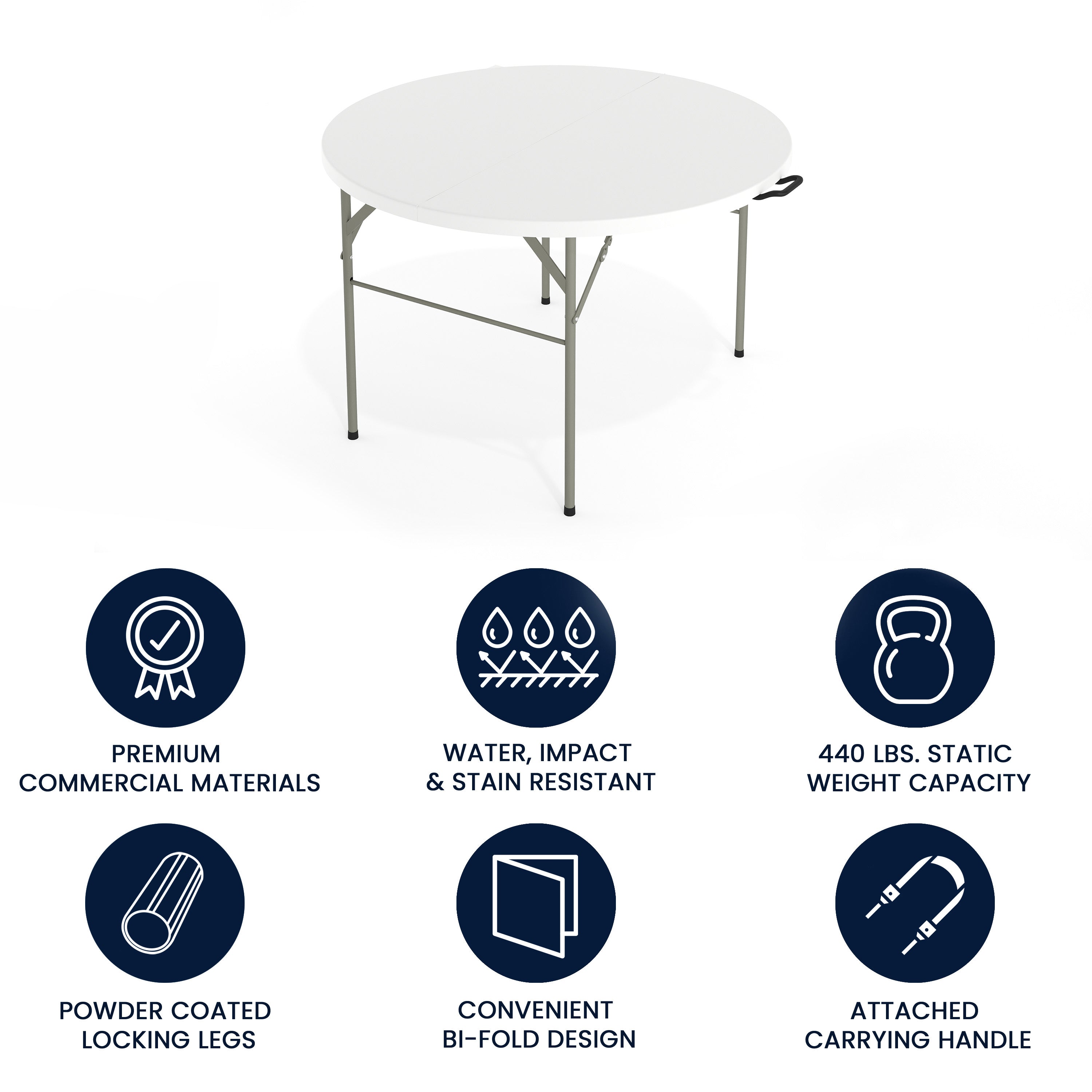 Freeman 4-Foot Round Bi-Fold Granite White Plastic Banquet and Event Folding Table with Carrying Handle