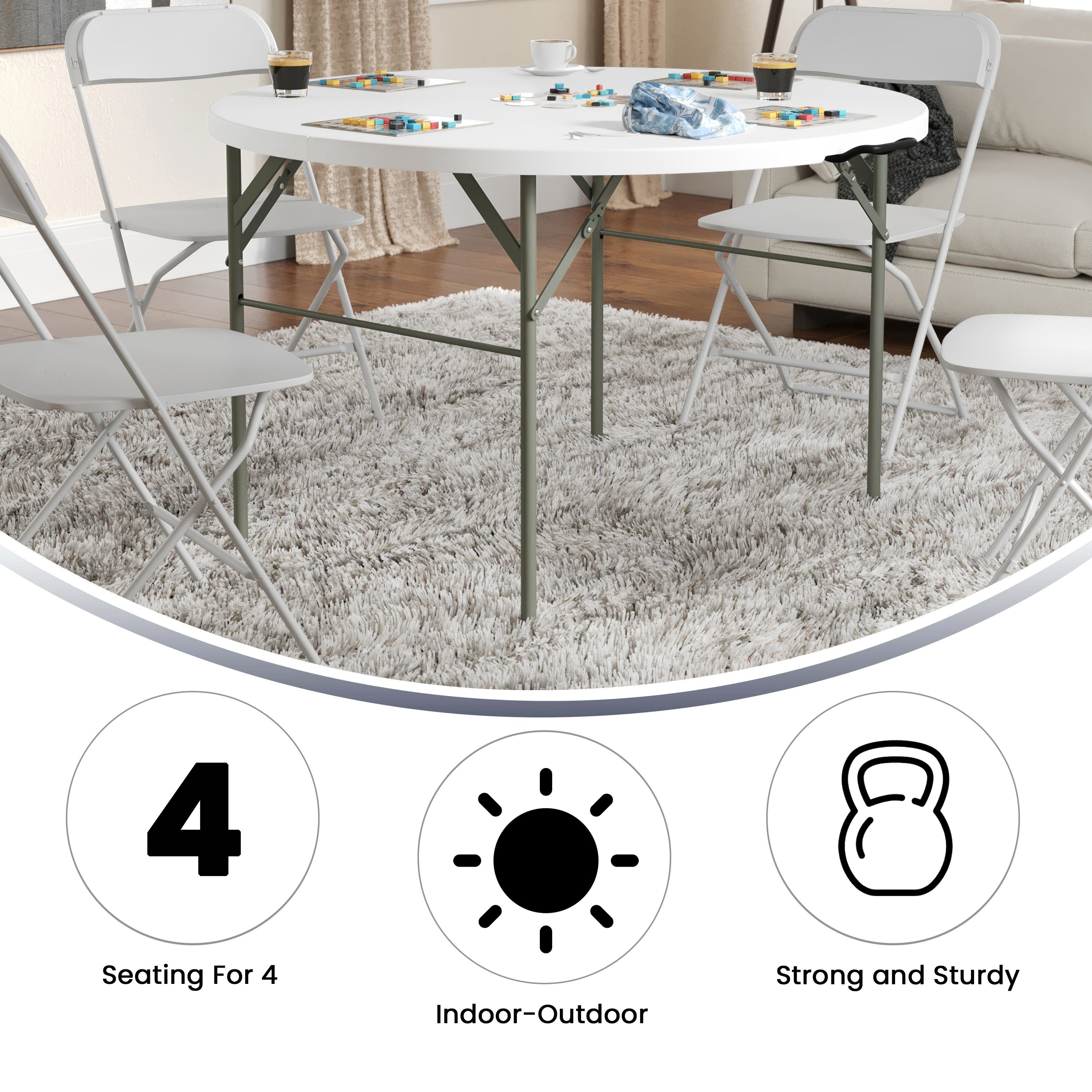 Freeman 4-Foot Round Bi-Fold Granite White Plastic Banquet and Event Folding Table with Carrying Handle