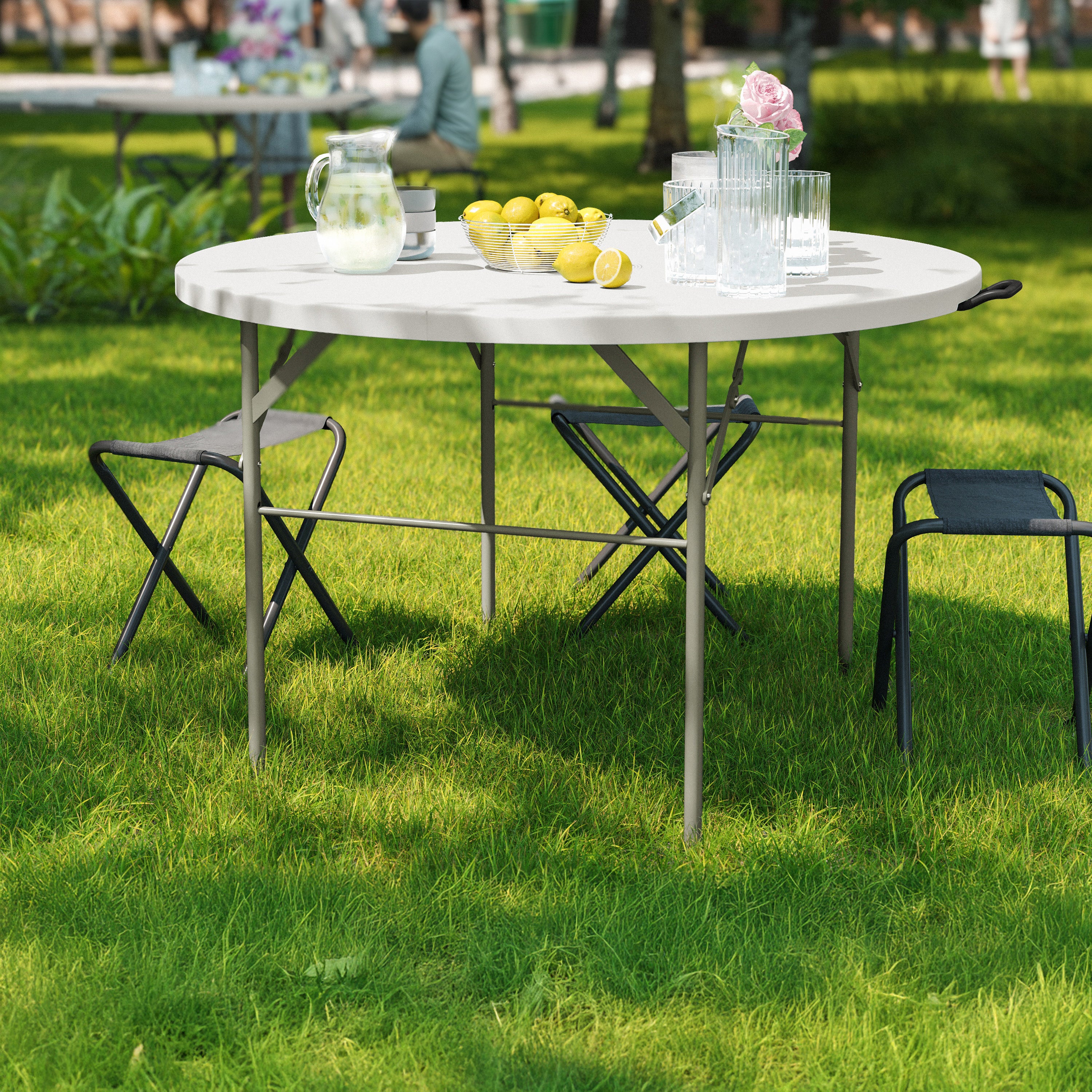 Freeman 4-Foot Round Bi-Fold Granite White Plastic Banquet and Event Folding Table with Carrying Handle