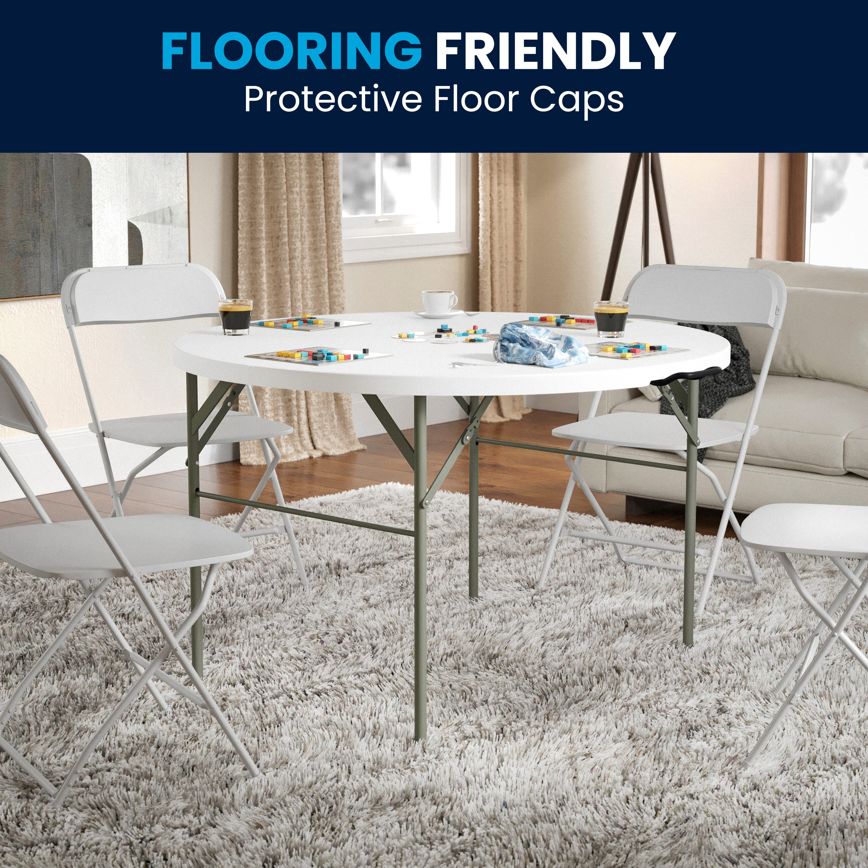Freeman 4-Foot Round Bi-Fold Granite White Plastic Banquet and Event Folding Table with Carrying Handle