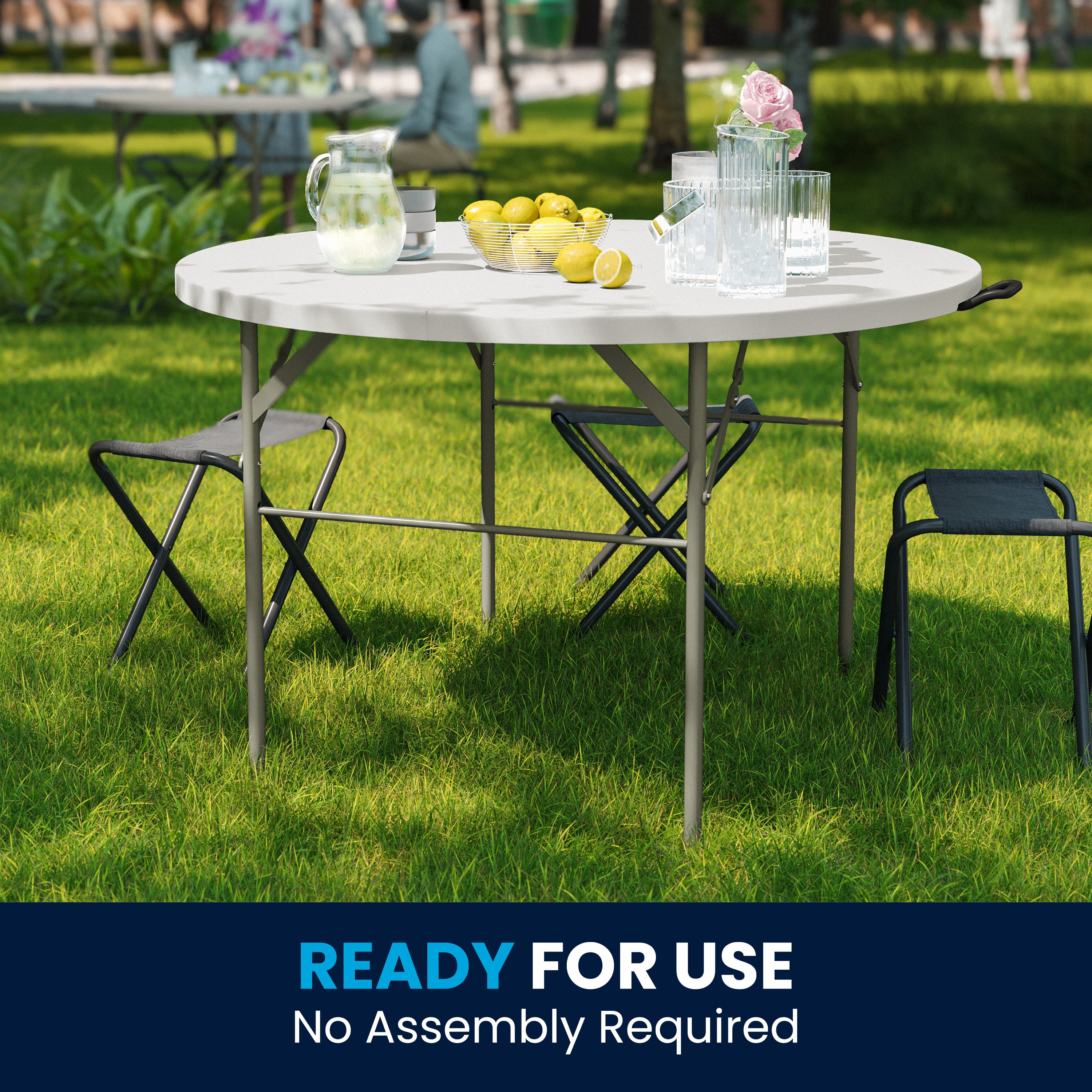 Freeman 4-Foot Round Bi-Fold Granite White Plastic Banquet and Event Folding Table with Carrying Handle