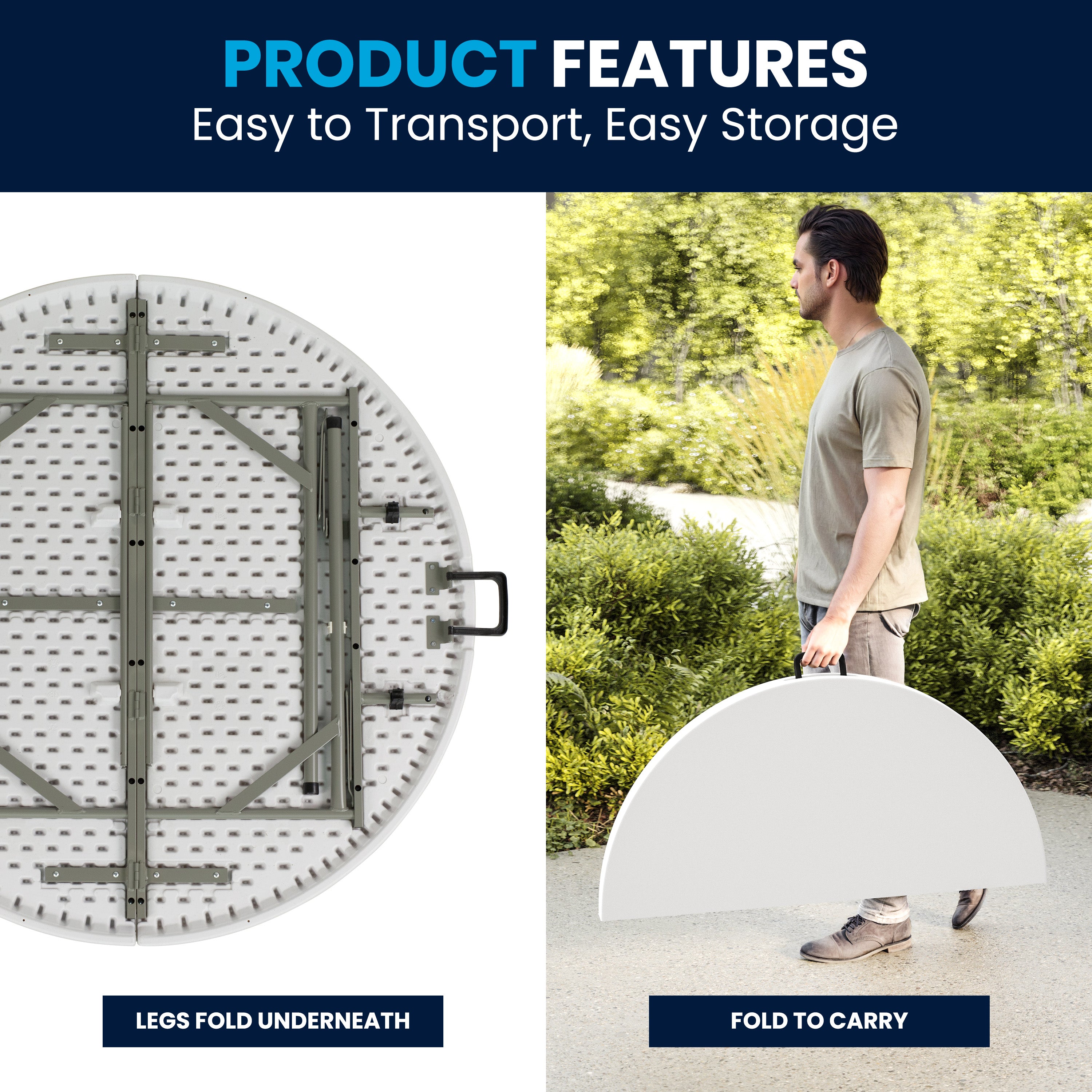 Freeman 4-Foot Round Bi-Fold Granite White Plastic Banquet and Event Folding Table with Carrying Handle