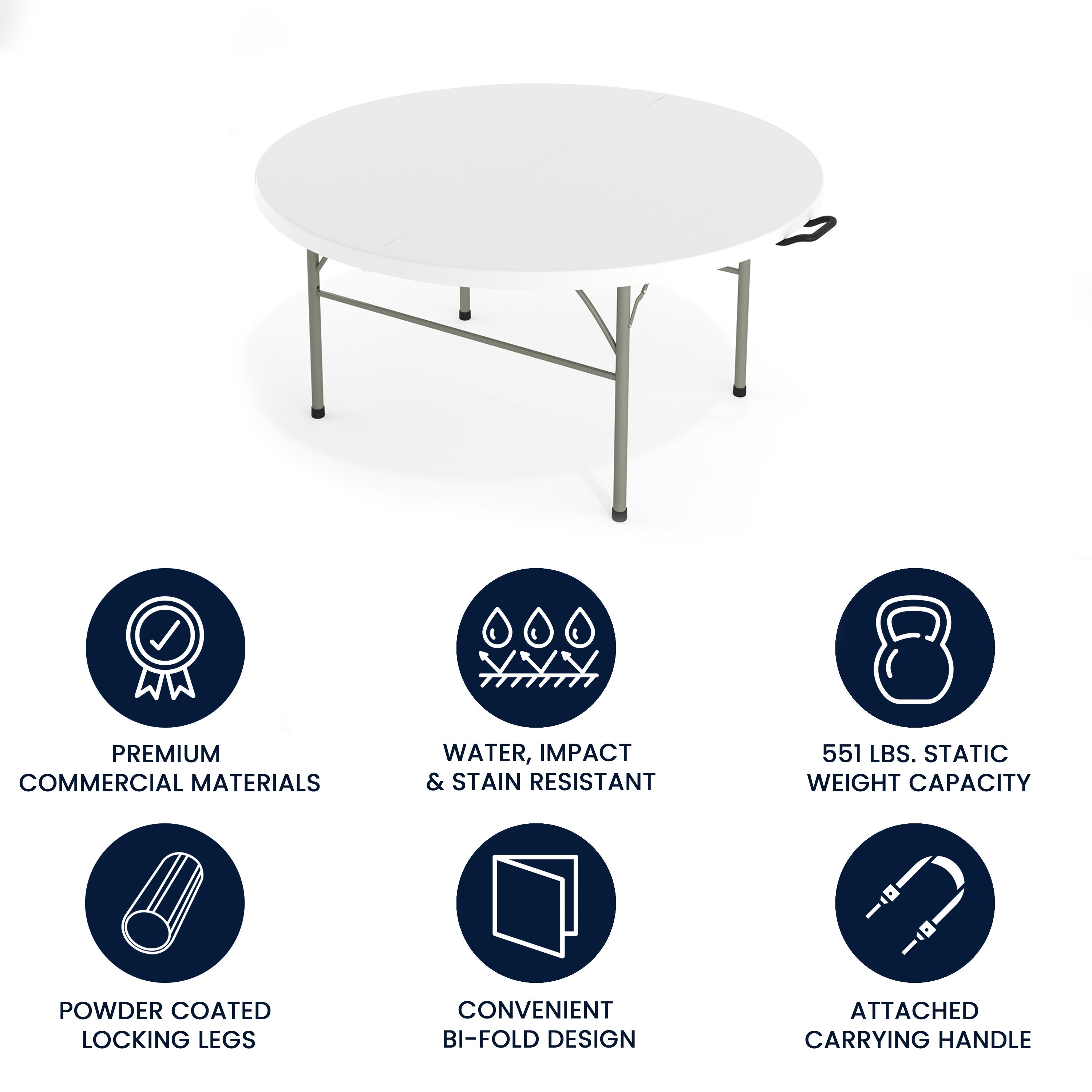 Scarborough 5-Foot Round Bi-Fold White Plastic Folding Table with Carrying Handle