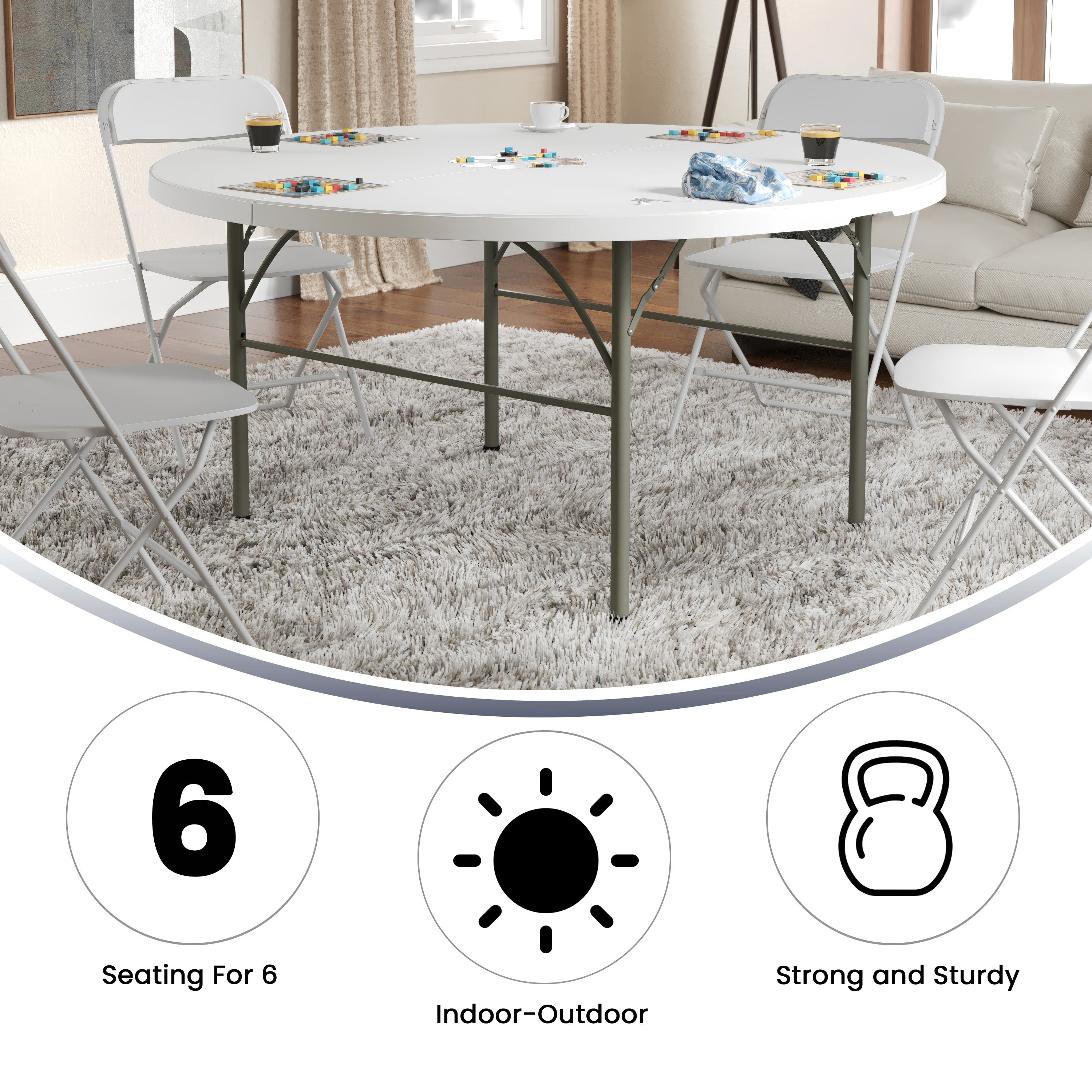 Scarborough 5-Foot Round Bi-Fold White Plastic Folding Table with Carrying Handle