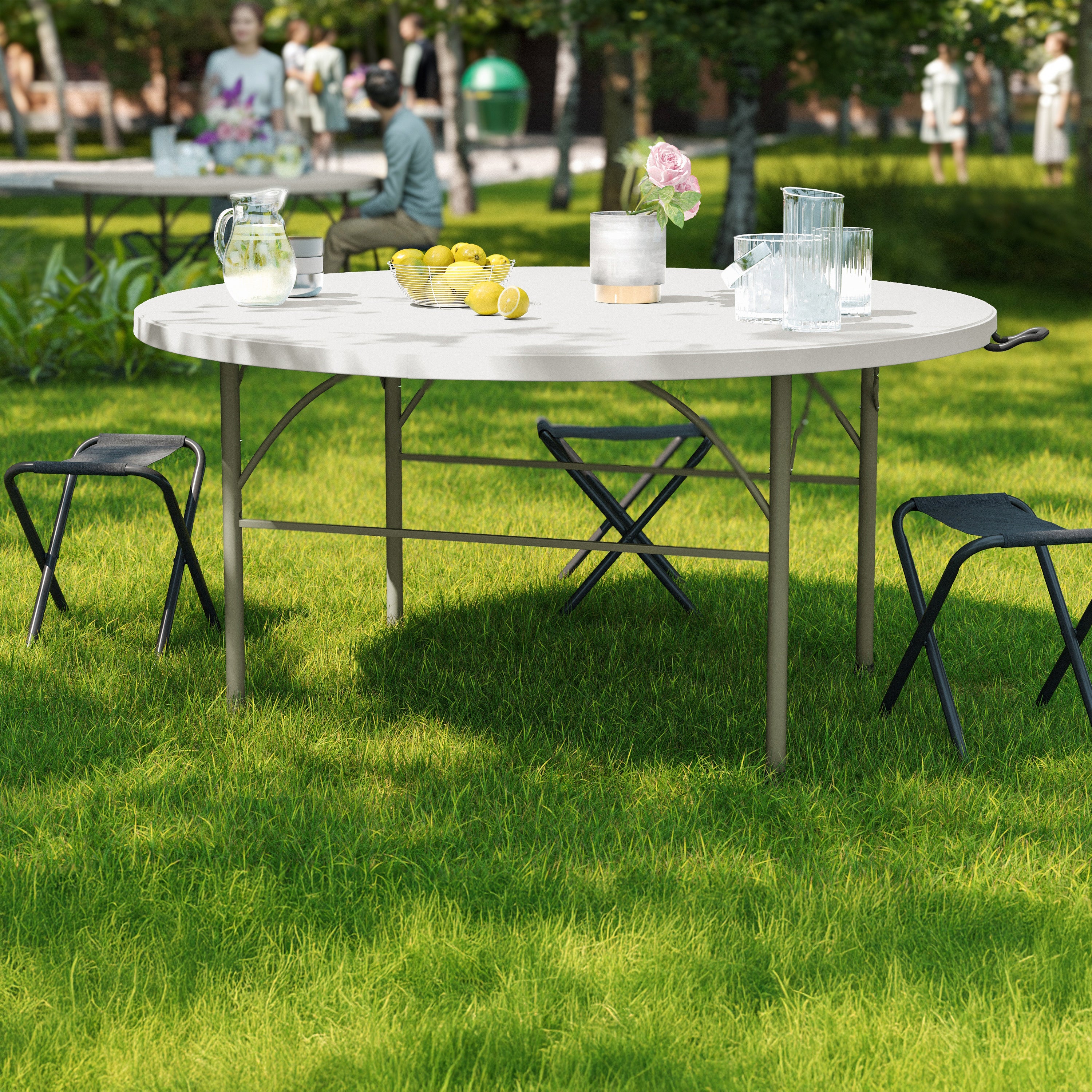 Scarborough 5-Foot Round Bi-Fold White Plastic Folding Table with Carrying Handle