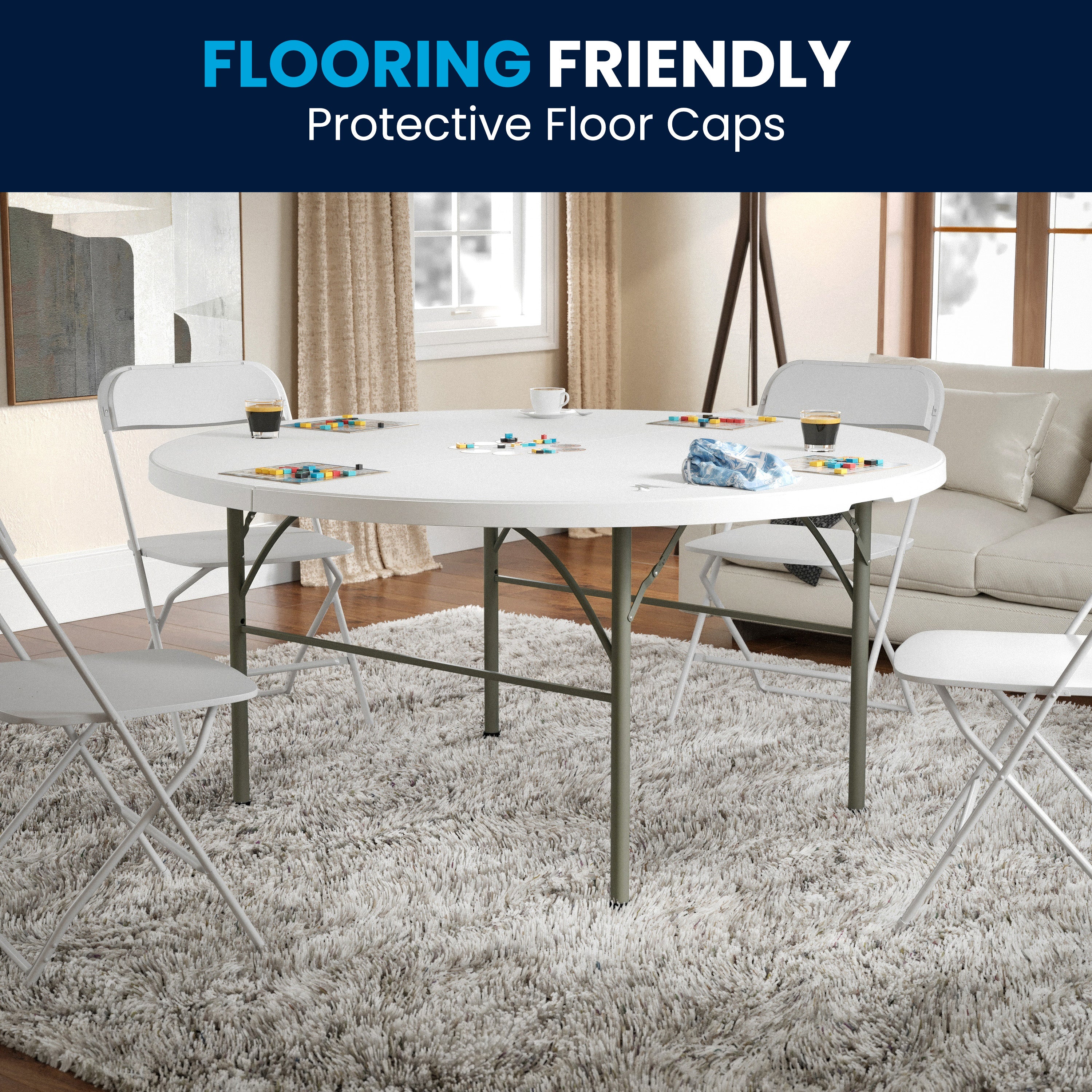 Scarborough 5-Foot Round Bi-Fold White Plastic Folding Table with Carrying Handle