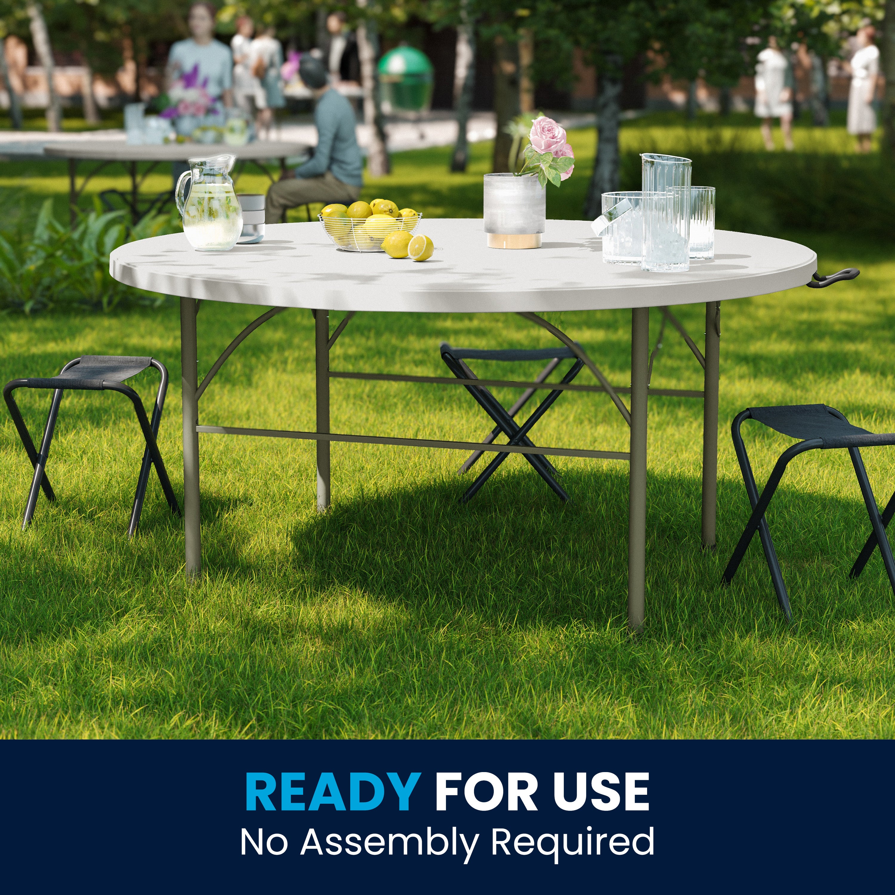 Scarborough 5-Foot Round Bi-Fold White Plastic Folding Table with Carrying Handle