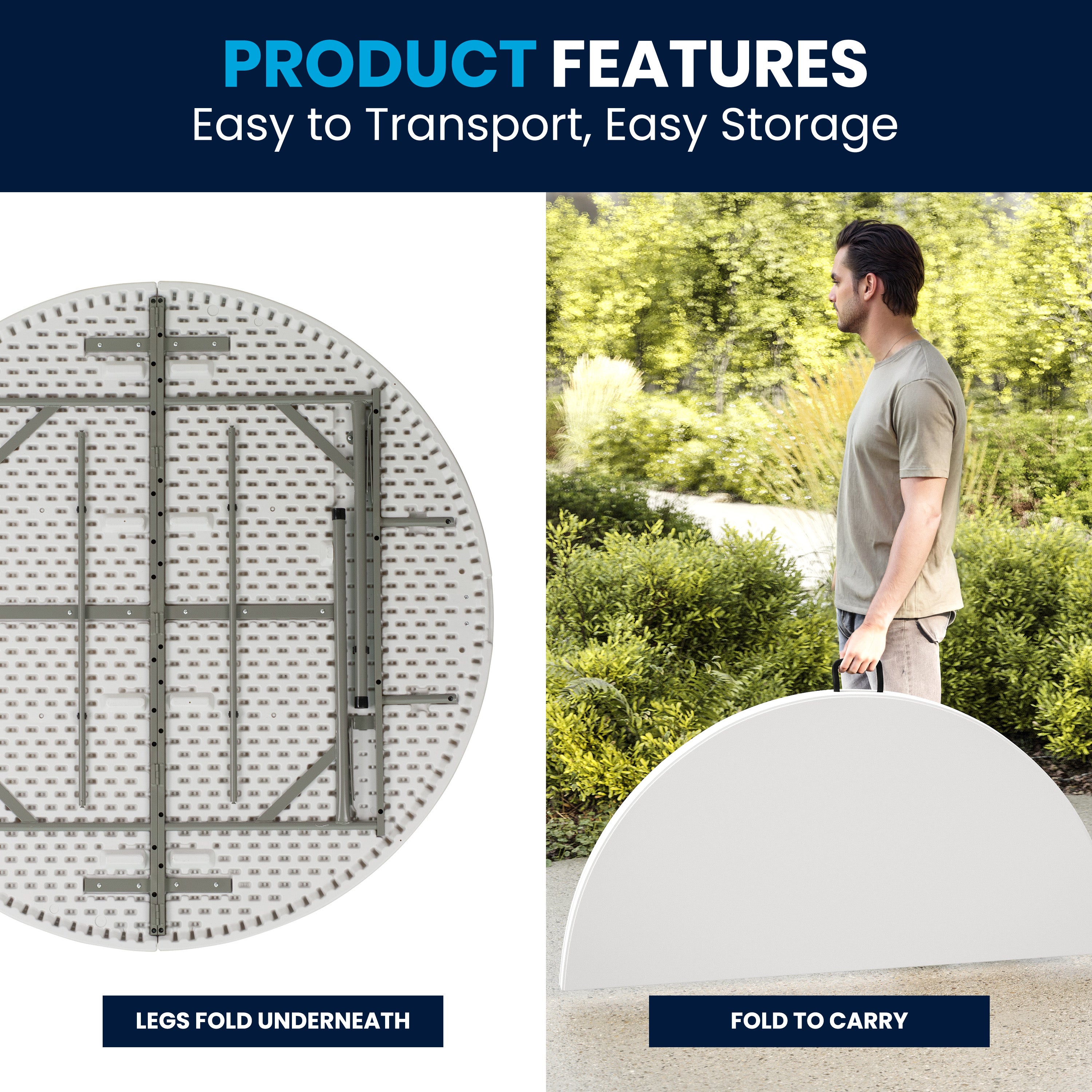 Scarborough 5-Foot Round Bi-Fold White Plastic Folding Table with Carrying Handle