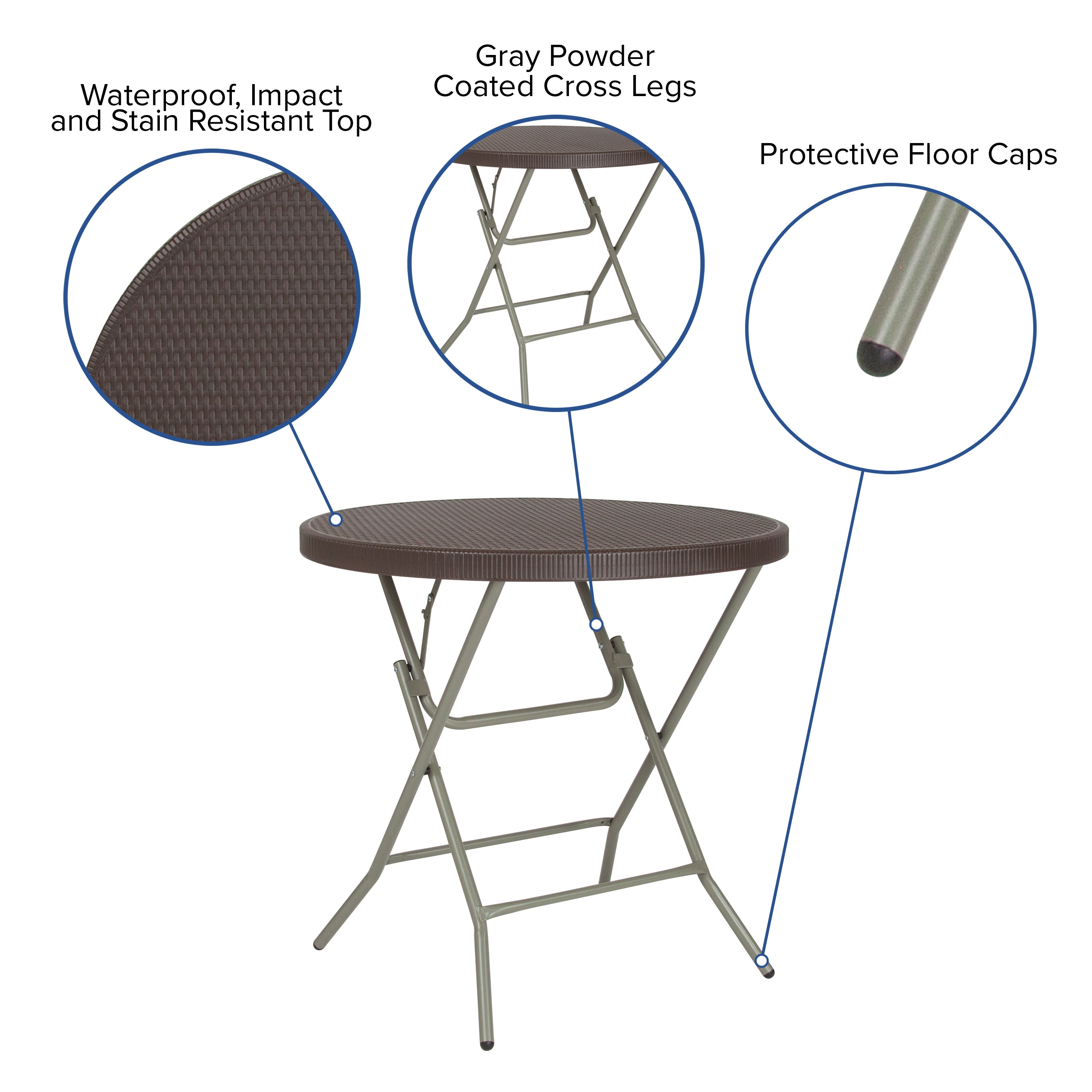 Trellis 2.6-Foot Round Brown Rattan Plastic Folding Table