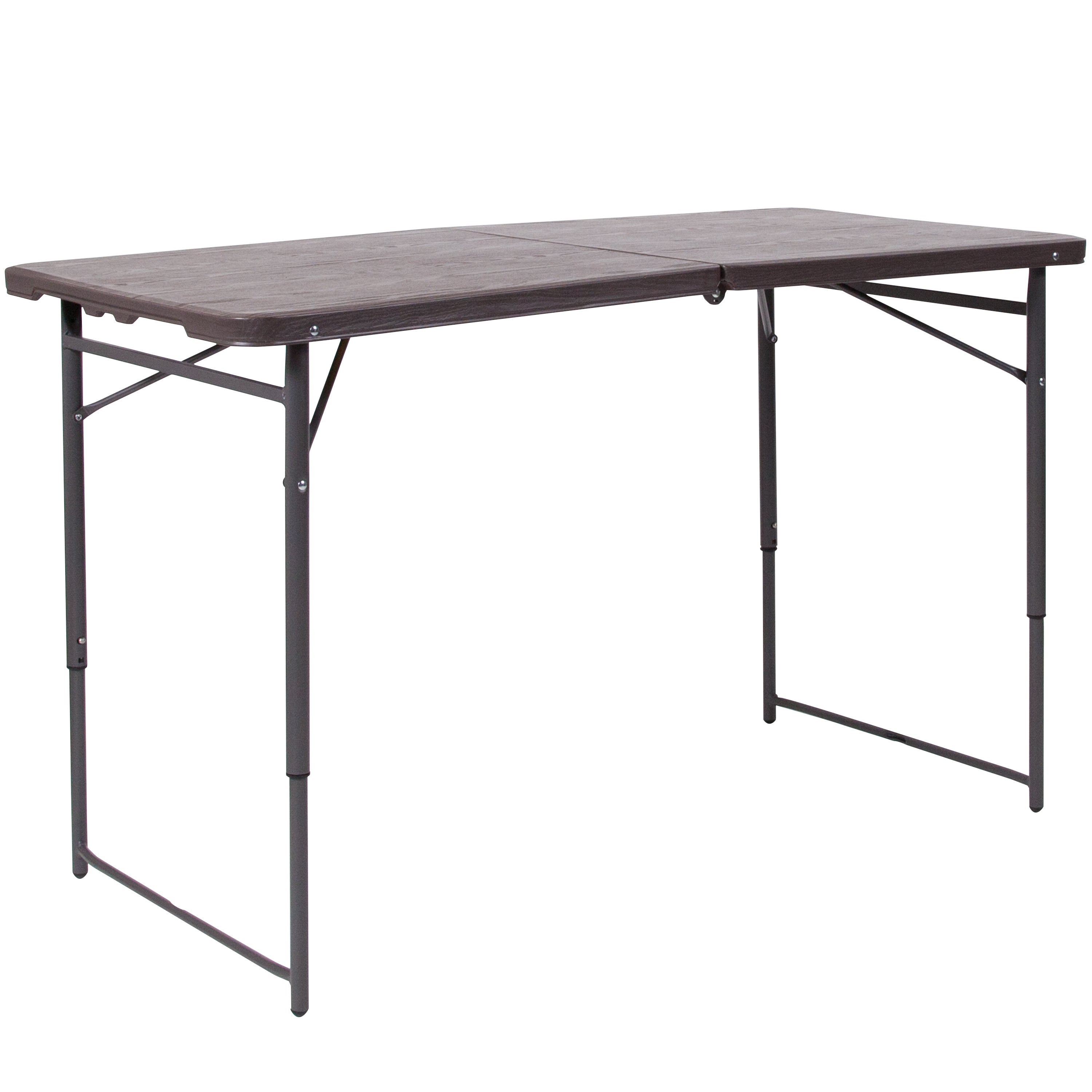 Mills 4-Foot Height Adjustable Bi-Fold Brown Wood Grain Plastic Folding Table with Carrying Handle