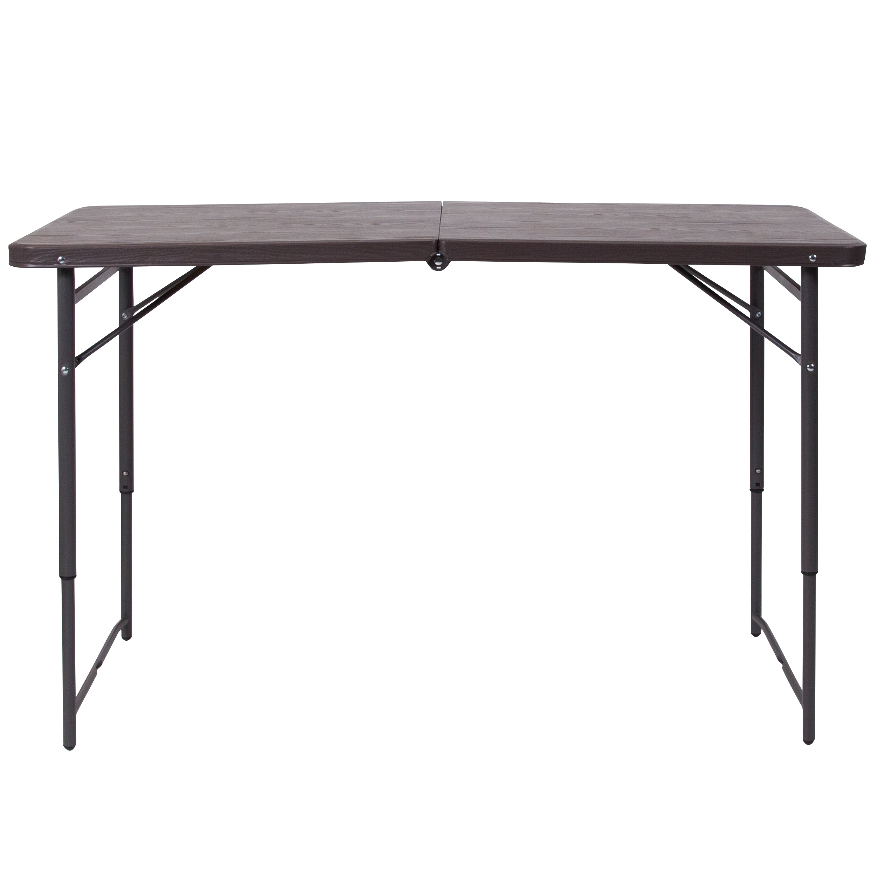 Mills 4-Foot Height Adjustable Bi-Fold Brown Wood Grain Plastic Folding Table with Carrying Handle