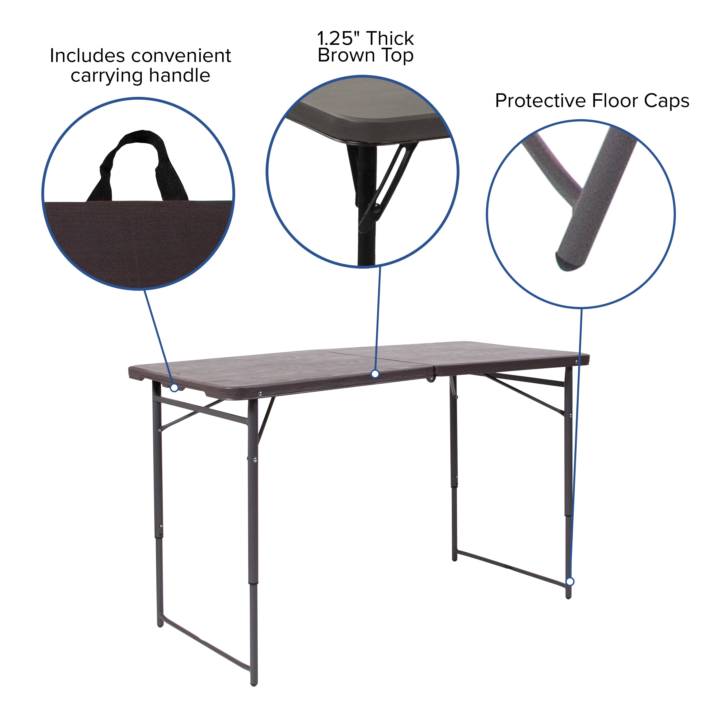 Mills 4-Foot Height Adjustable Bi-Fold Brown Wood Grain Plastic Folding Table with Carrying Handle