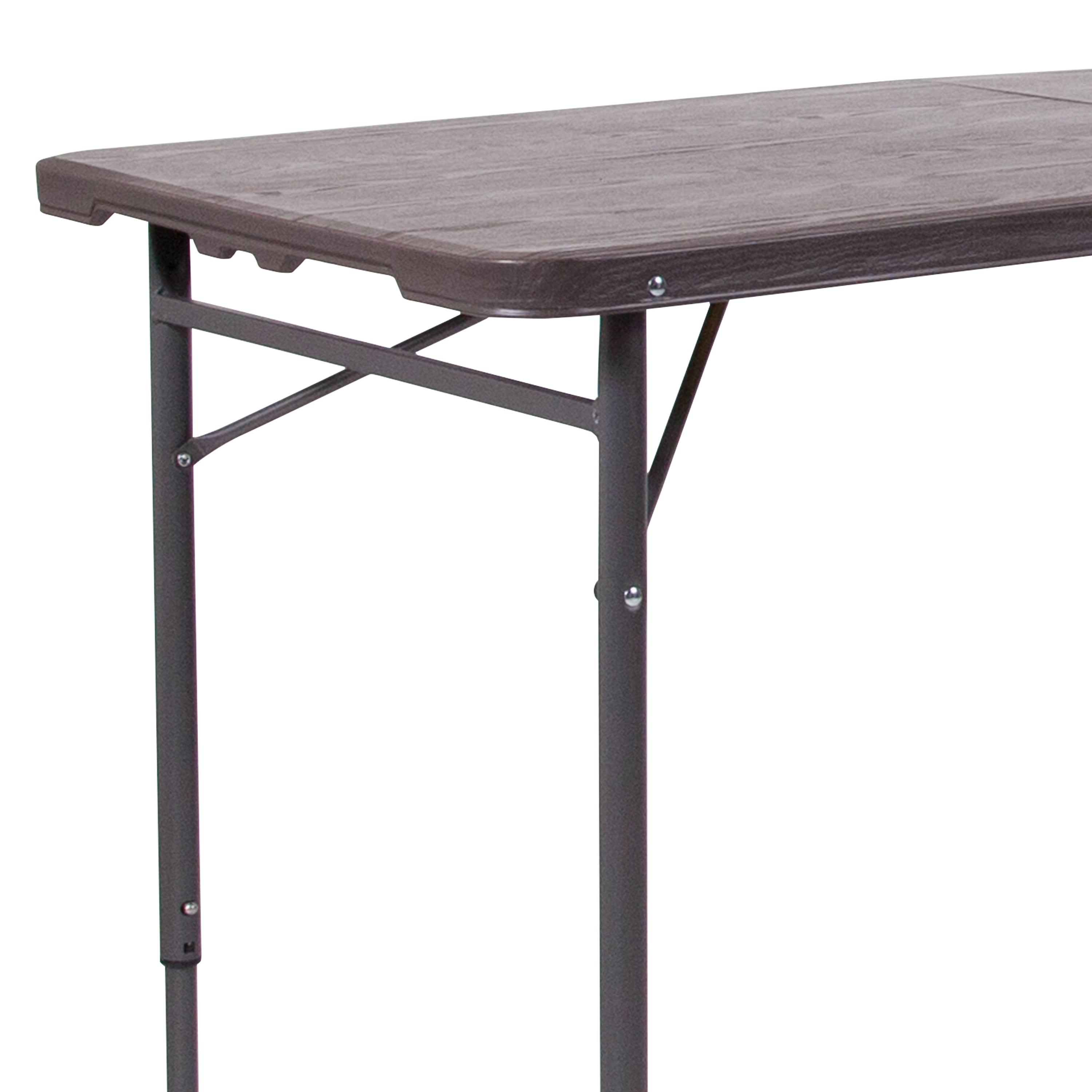 Mills 4-Foot Height Adjustable Bi-Fold Brown Wood Grain Plastic Folding Table with Carrying Handle