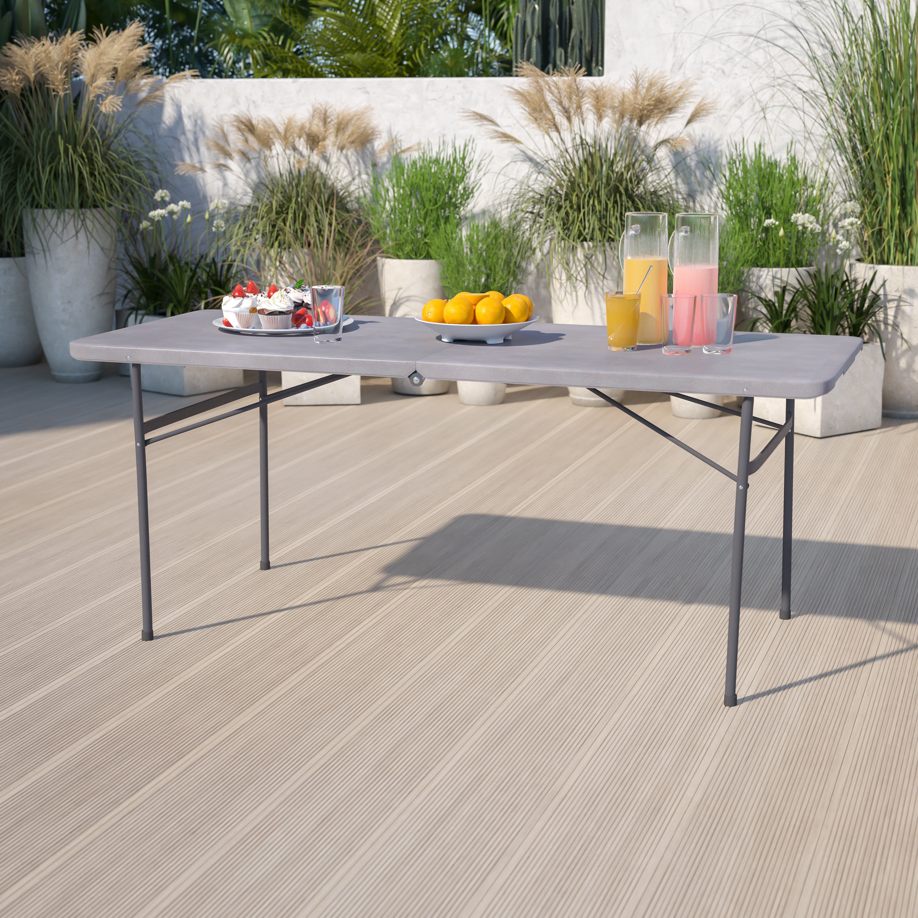 Elijah 6-Foot Bi-Fold Dark Gray Plastic Folding Table with Carrying Handle