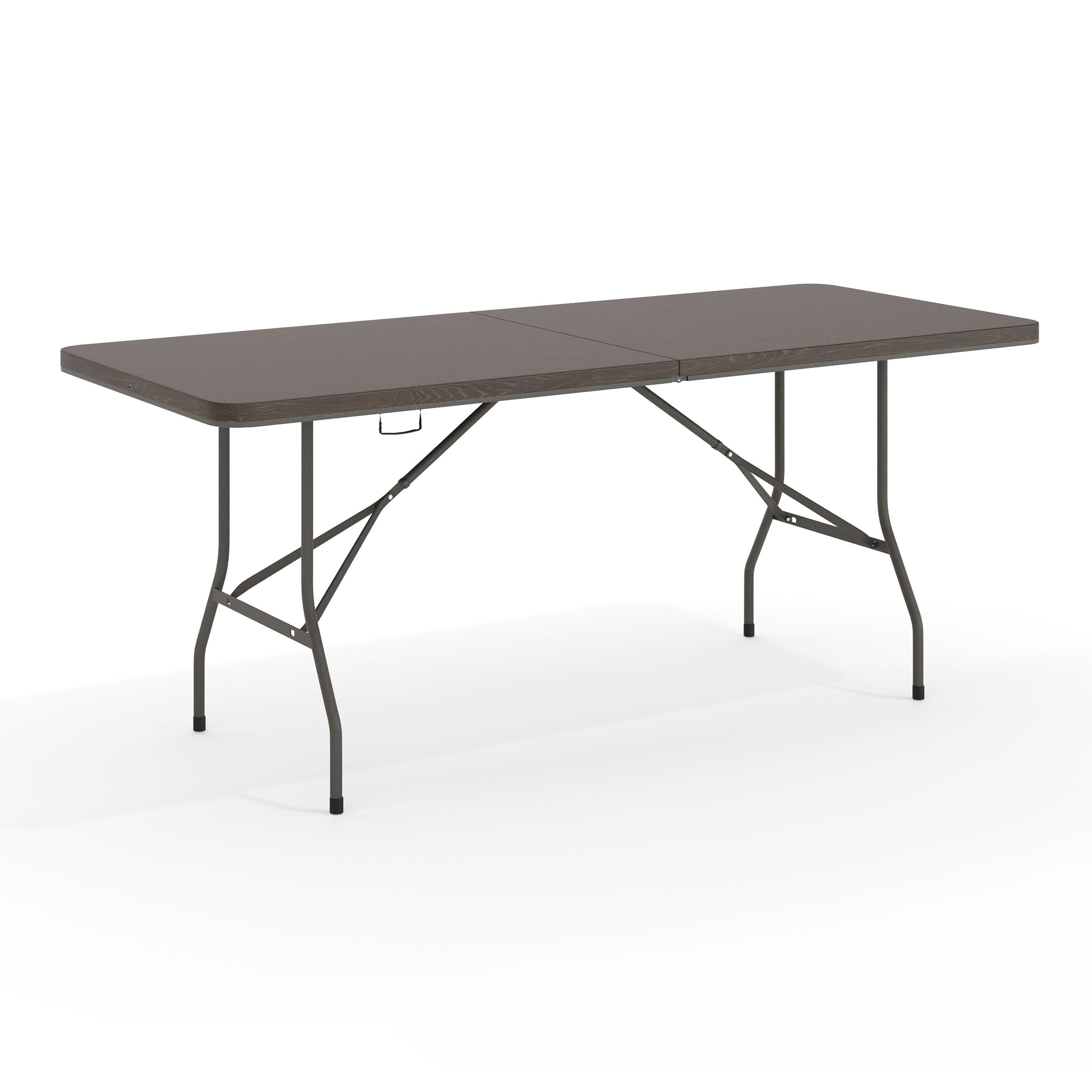 Elijah 6-Foot Bi-Fold Brown Wood Grain Plastic Folding Table with Carrying Handle