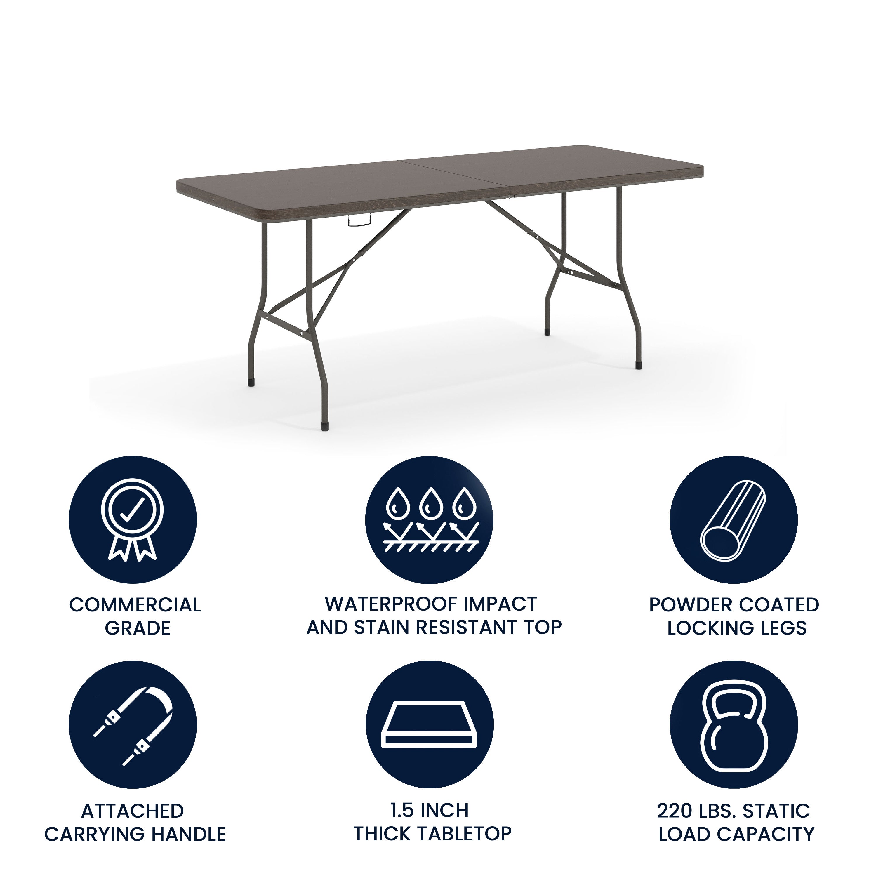 Elijah 6-Foot Bi-Fold Brown Wood Grain Plastic Folding Table with Carrying Handle