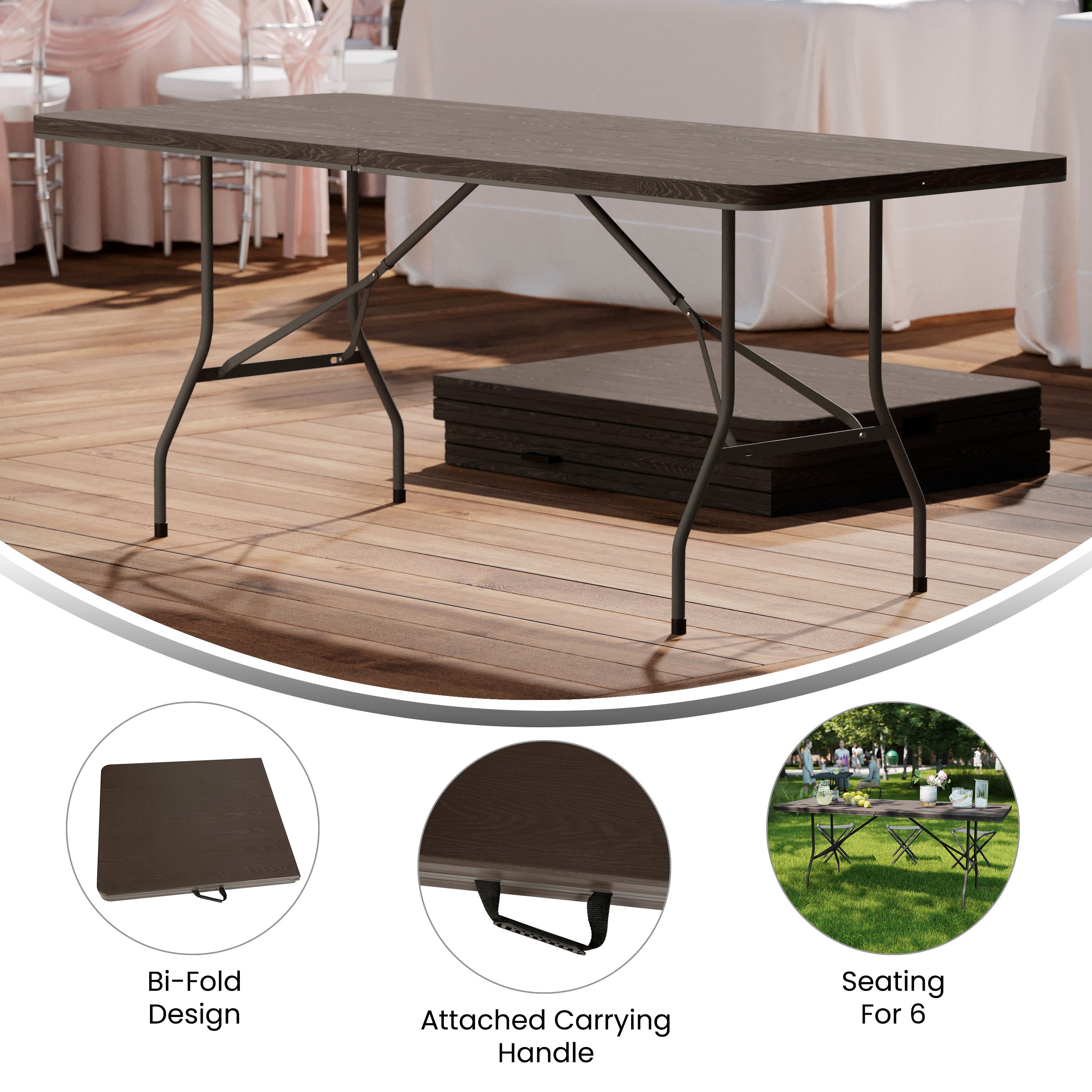 Elijah 6-Foot Bi-Fold Brown Wood Grain Plastic Folding Table with Carrying Handle