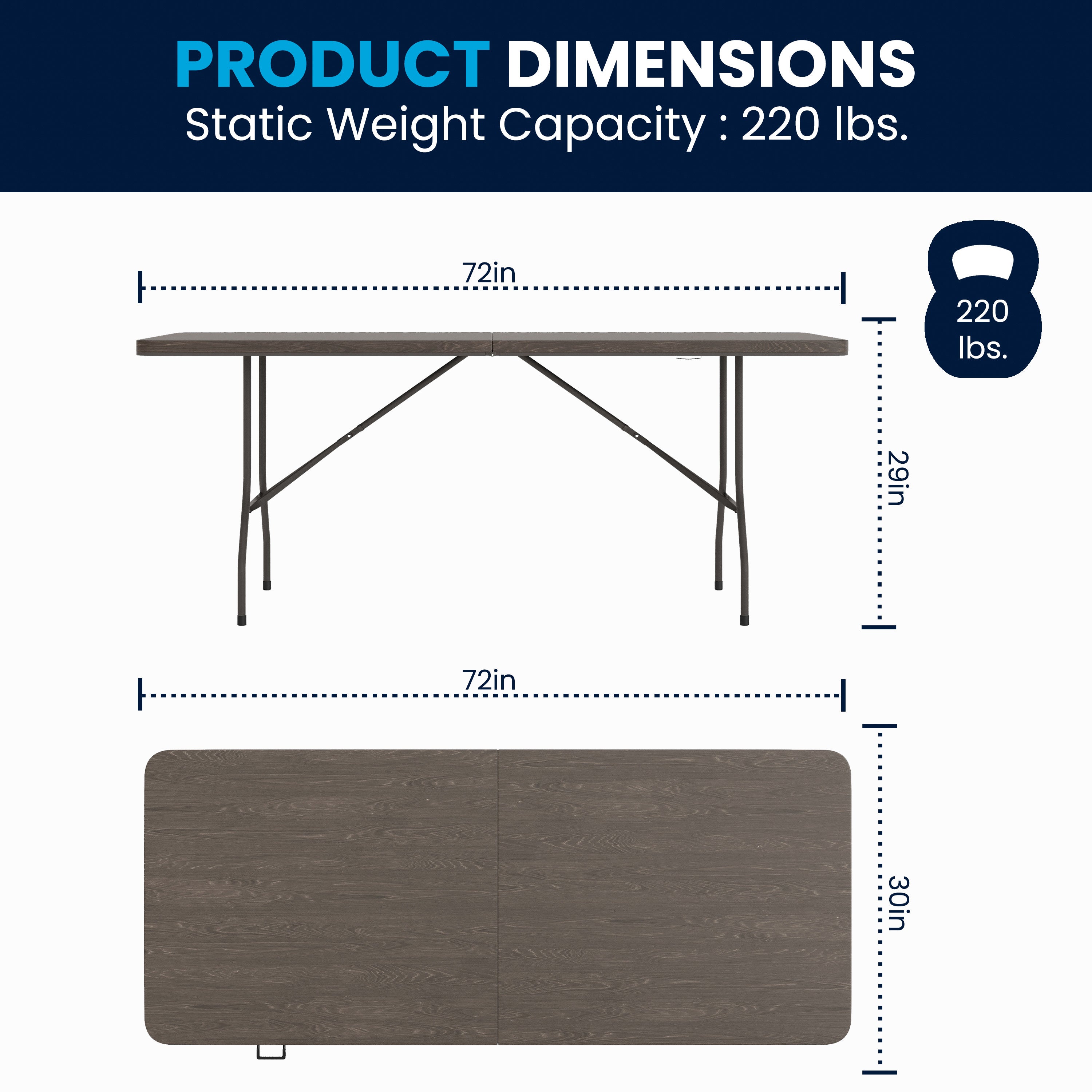 Elijah 6-Foot Bi-Fold Brown Wood Grain Plastic Folding Table with Carrying Handle
