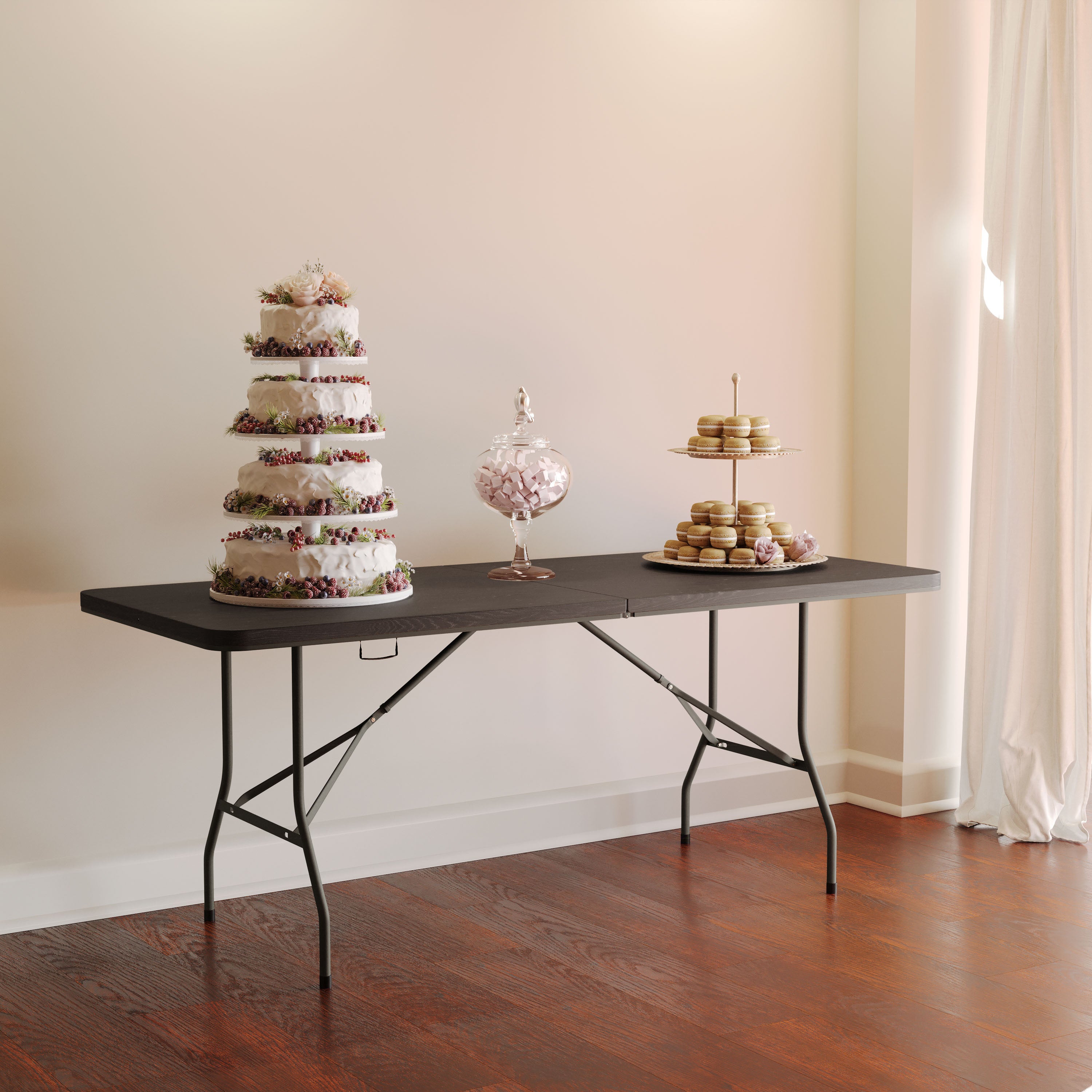 Elijah 6-Foot Bi-Fold Brown Wood Grain Plastic Folding Table with Carrying Handle