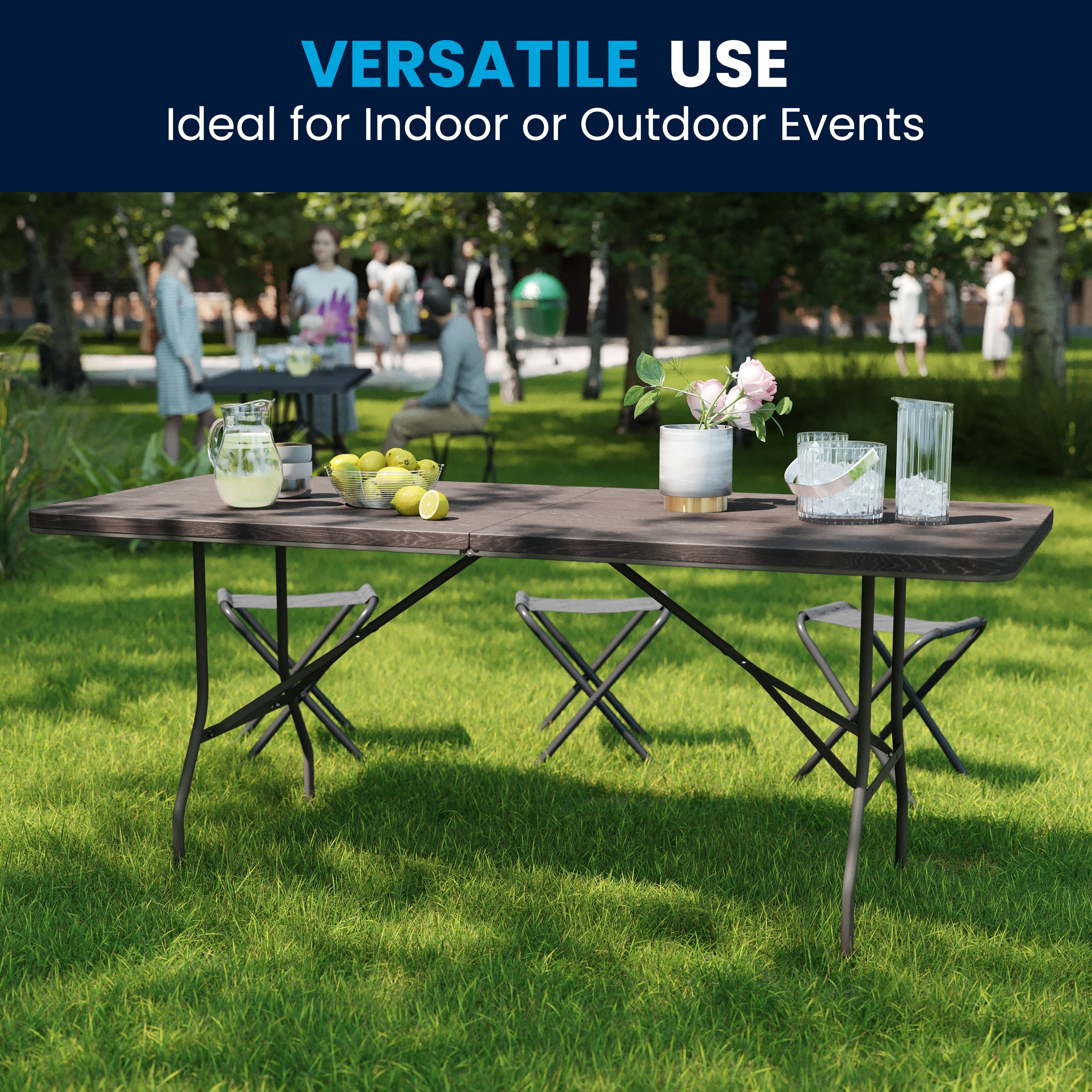 Elijah 6-Foot Bi-Fold Brown Wood Grain Plastic Folding Table with Carrying Handle
