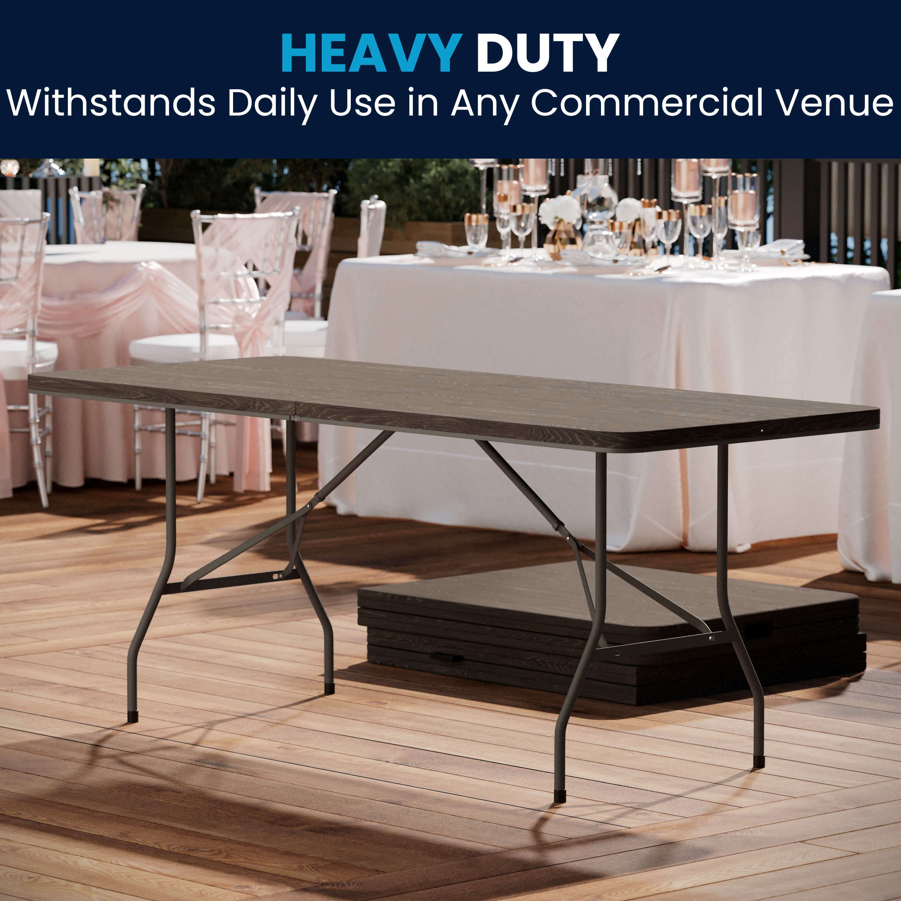 Elijah 6-Foot Bi-Fold Brown Wood Grain Plastic Folding Table with Carrying Handle