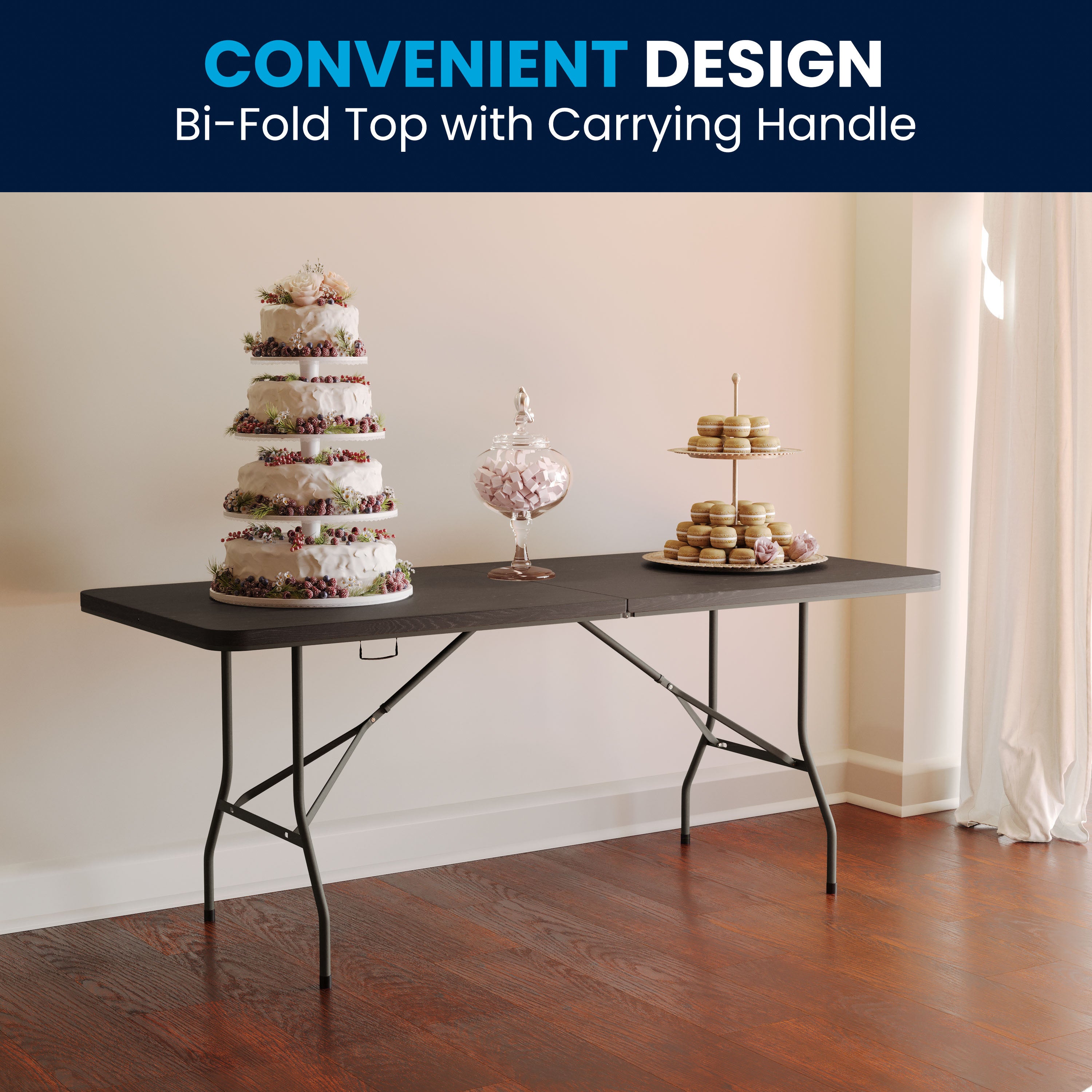 Elijah 6-Foot Bi-Fold Brown Wood Grain Plastic Folding Table with Carrying Handle