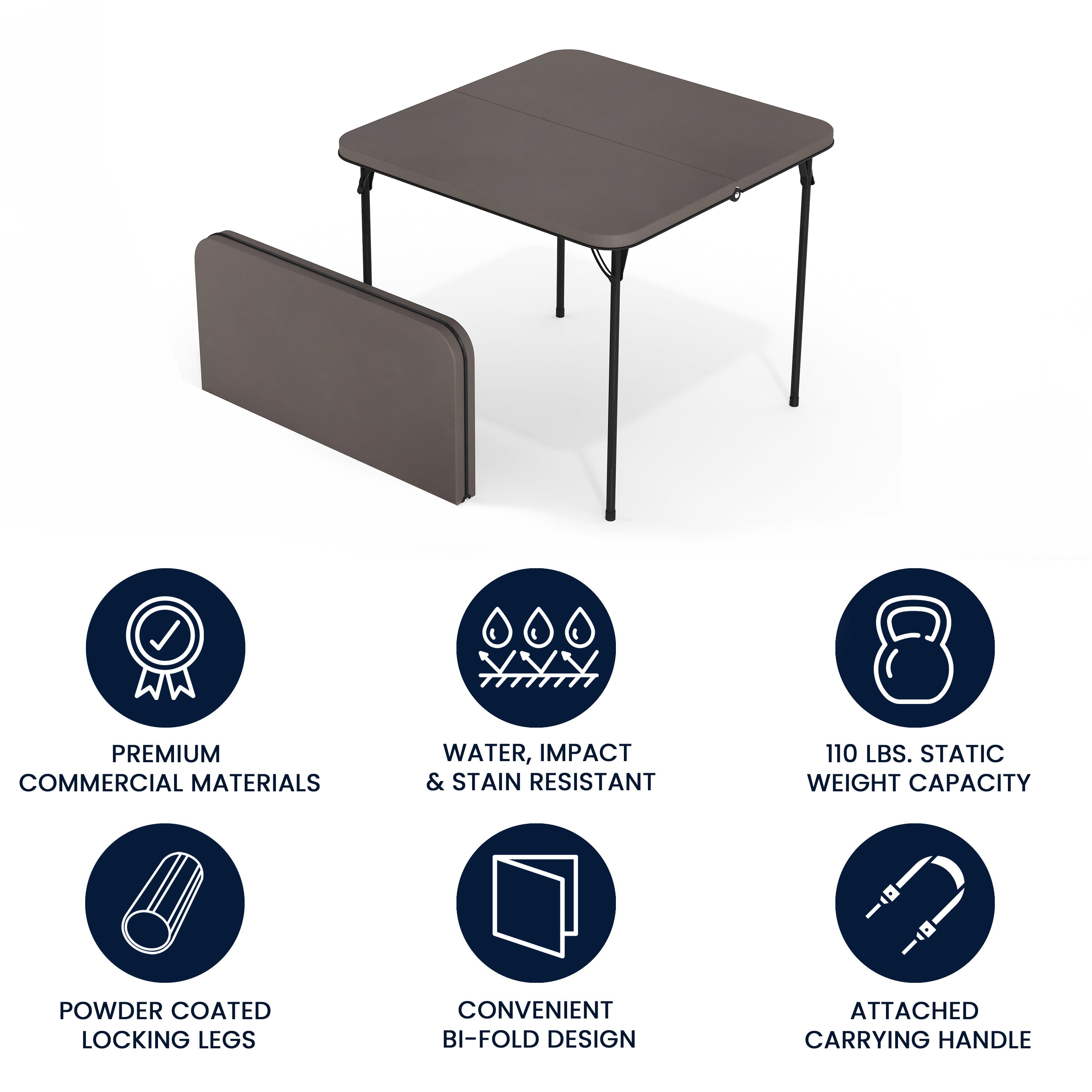 Dunham 2.83-Foot Square Bi-Fold Dark Gray Plastic Folding Table with Carrying Handle