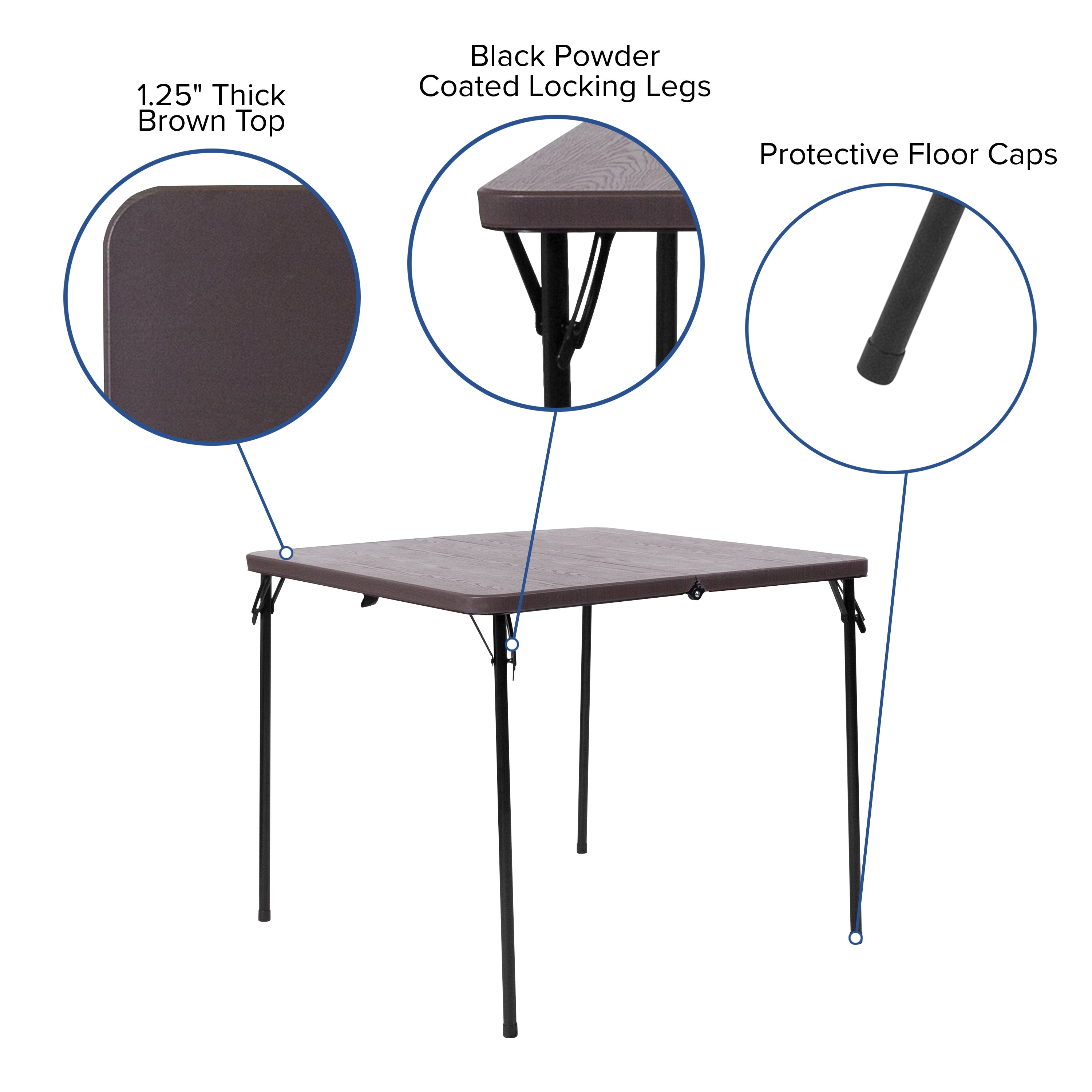Dunham 2.83-Foot Square Bi-Fold Brown Wood Grain Plastic Folding Table with Carrying Handle