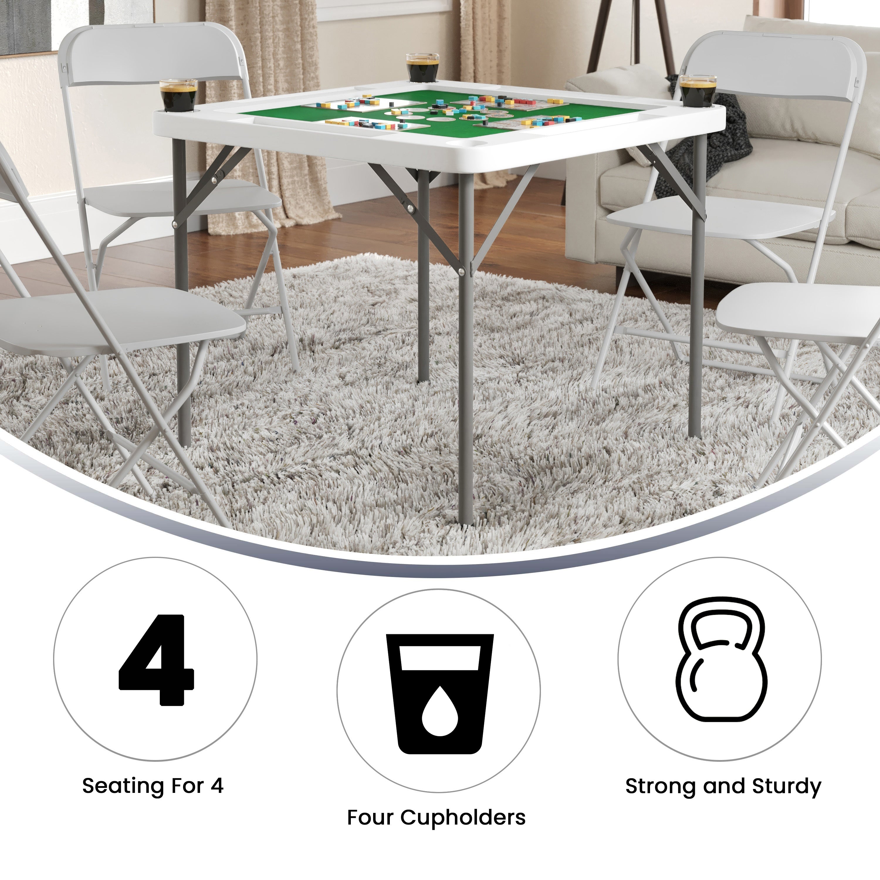 Silas 34.5" Square 4-Player Folding Card Game Table with Green Playing Surface and Cup Holders