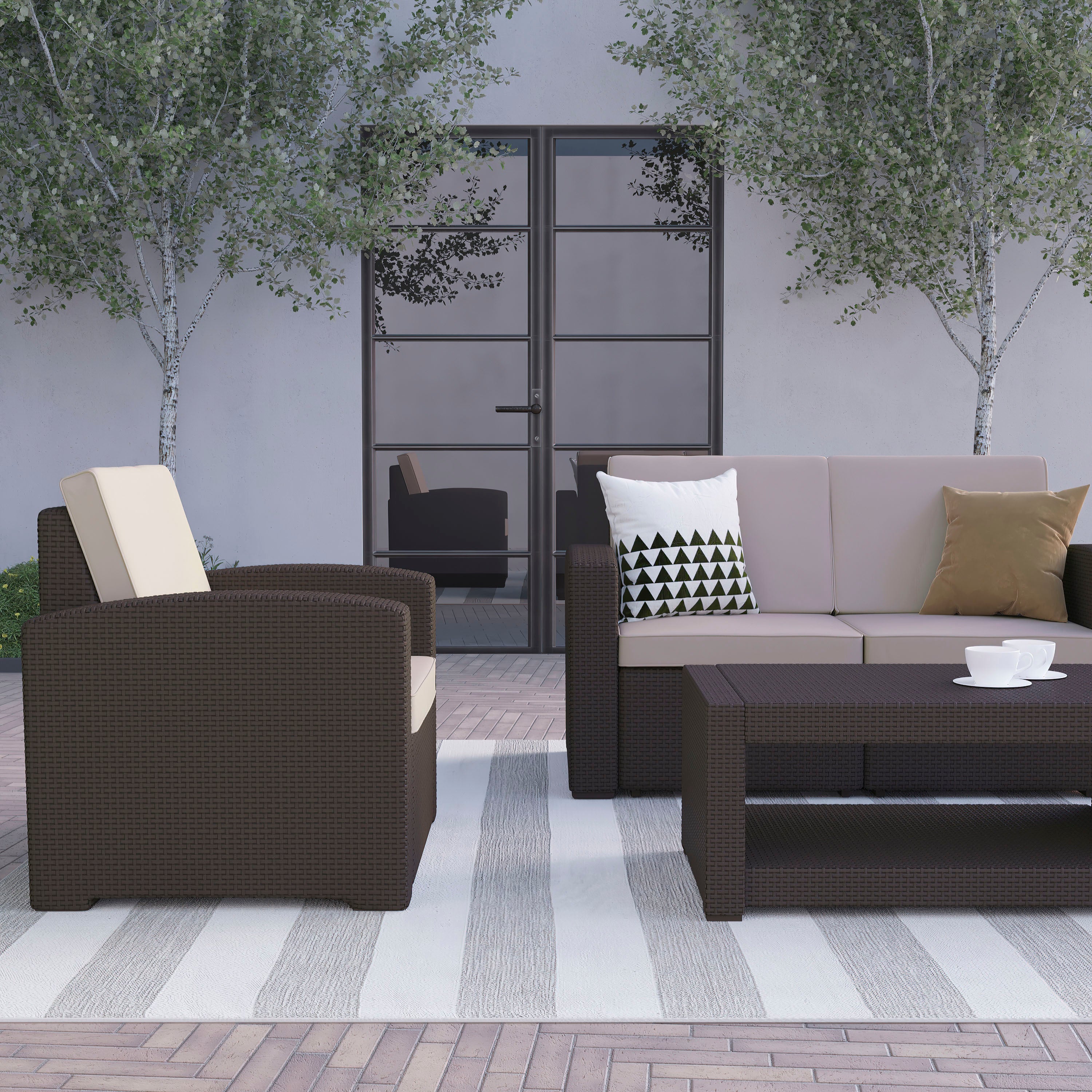 Seneca 4 Piece Outdoor Faux Rattan Chair, Loveseat and Table Set in Seneca Chocolate Brown