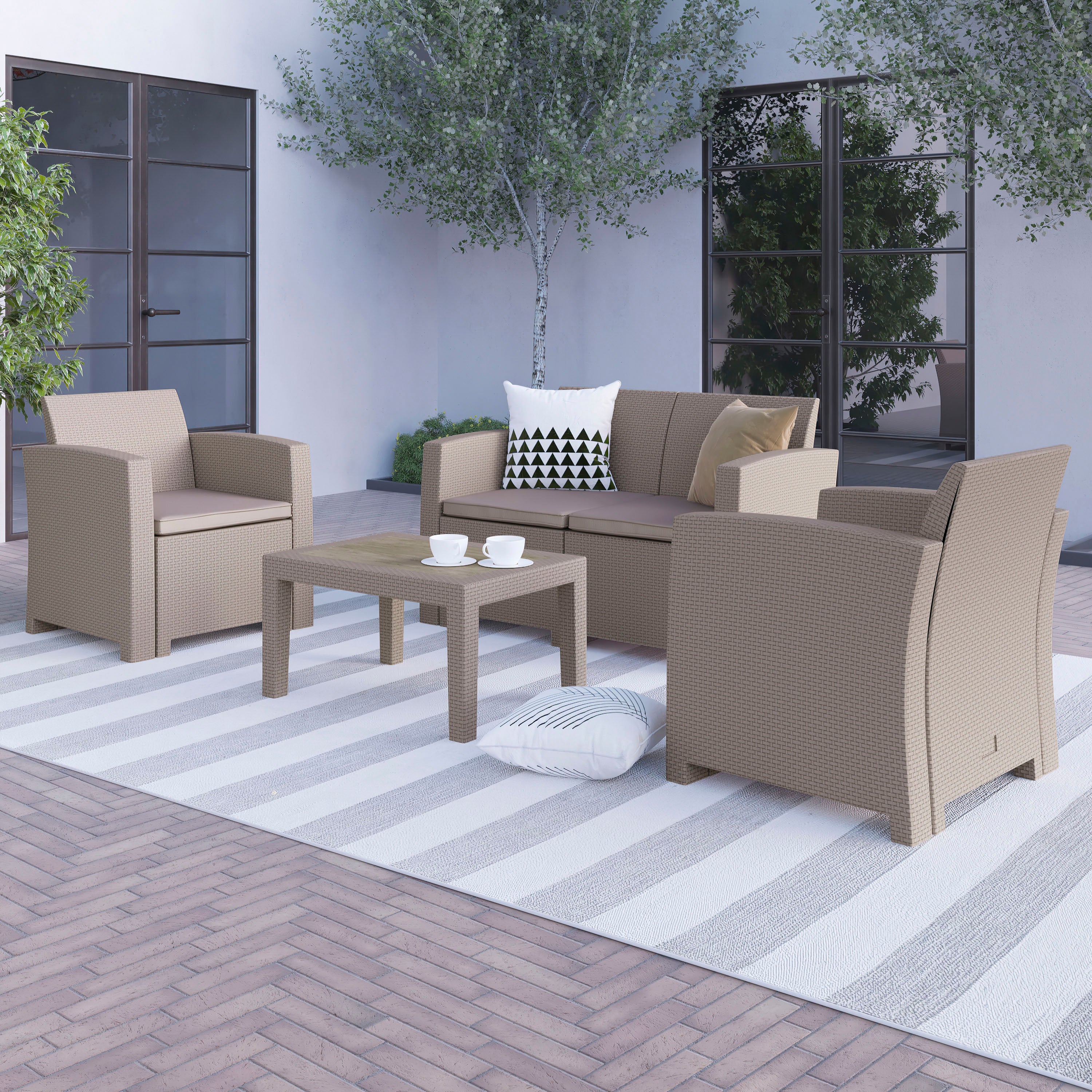 Seneca 4 Piece Outdoor Faux Rattan Chair, Loveseat and Table Set in Seneca Light Gray
